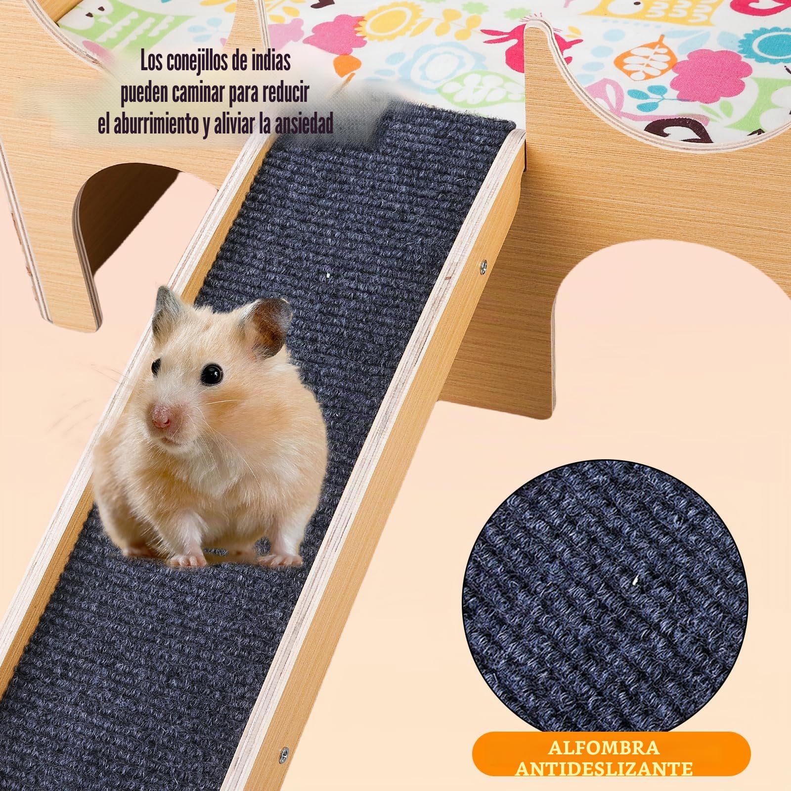 Casa para Cobayas de Madera Maciza con Rampa y 3 Entradas: 38 x 24 x 18 cm, para Conejos Natural, Accesorios para Cobayas, Ratas, Hámsteres y Animales Pequeños