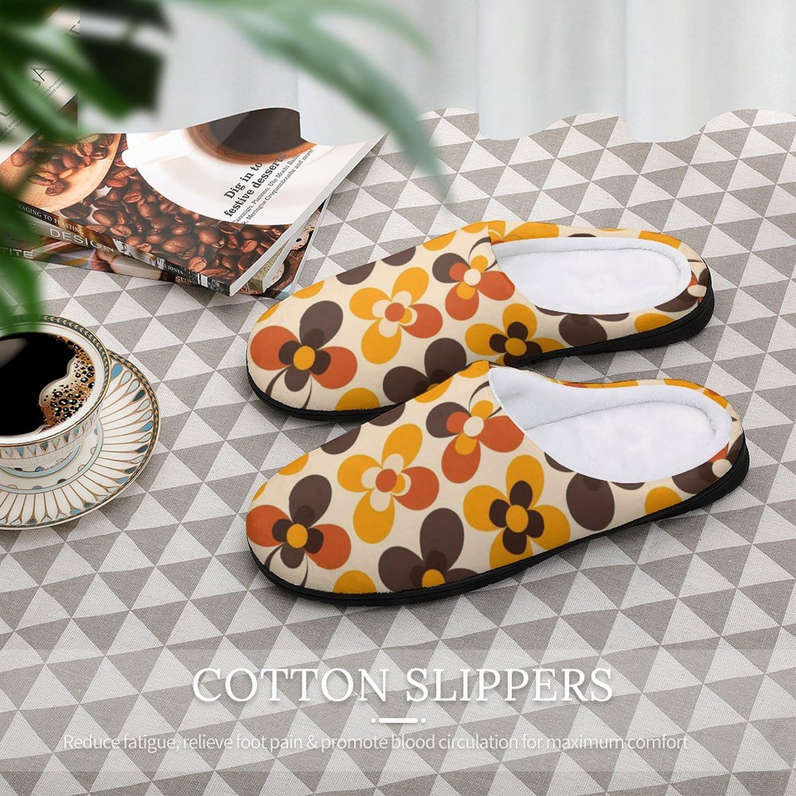 Seventies Geometric Vintage Pattern Flower Mens Slippers Casual Slip On Warm House Shoes with Rubber Sole Indoor Outdoor 7-8?40-41?