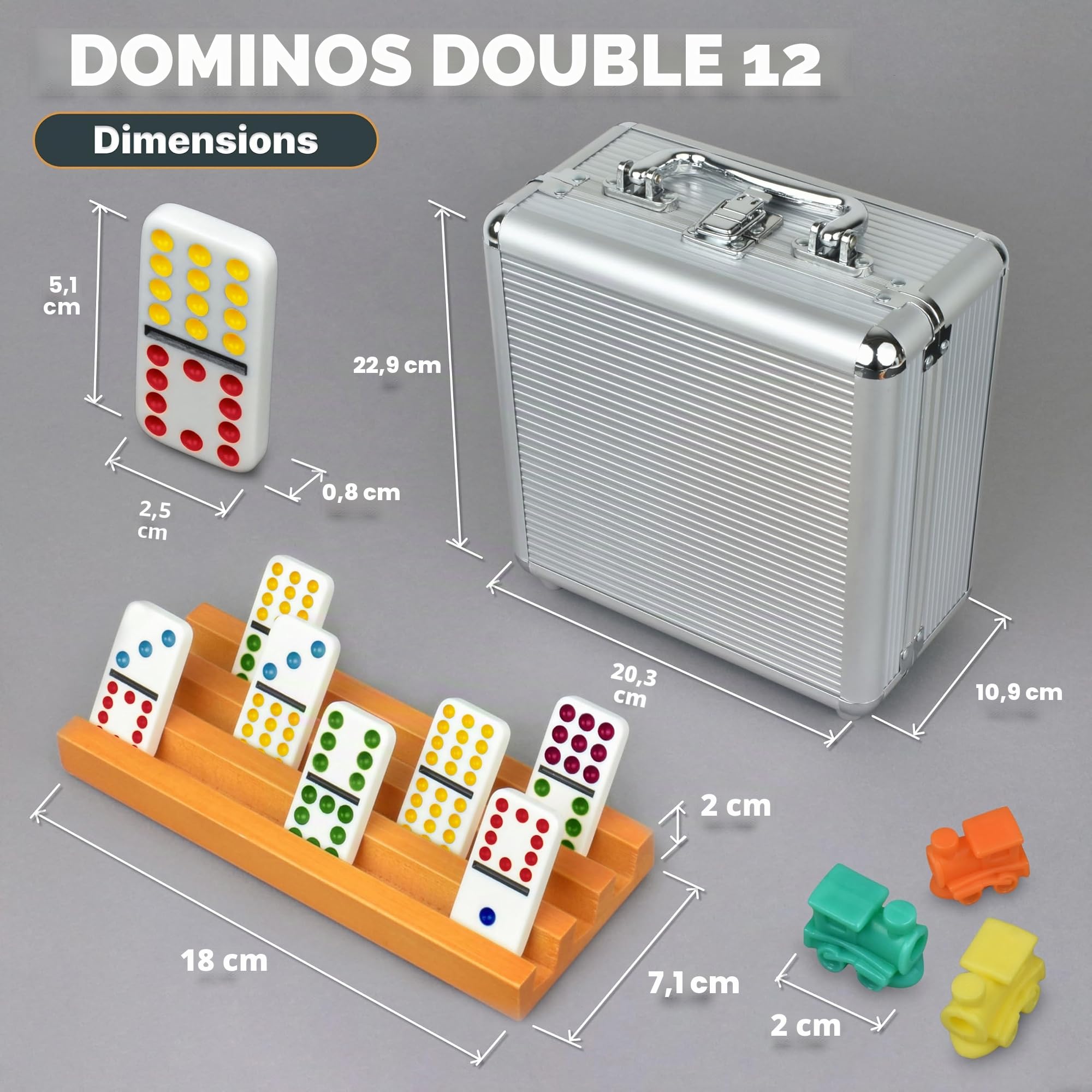 Queensell Ensemble de dominos mexicains avec 8 supports – Hub en bois et supports de carreaux – Double 12 carreaux avec pois (D12 + 8 supports)