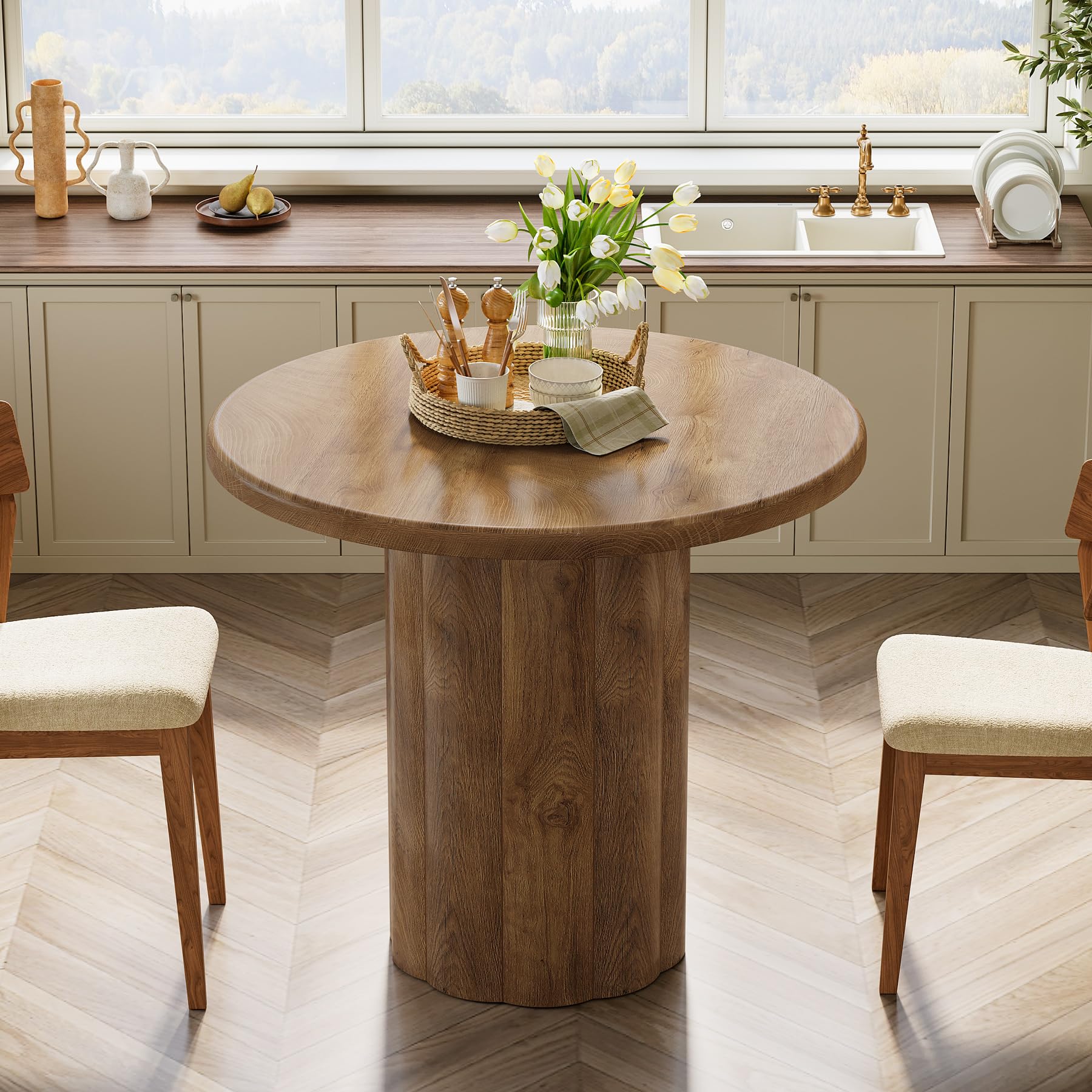 Tribesigns Table à Manger Ronde 80 cm pour 2-4 Personnes, Petite Table de Cuisine avec Base Solide pour Salle à Manger, Salon (Marron)