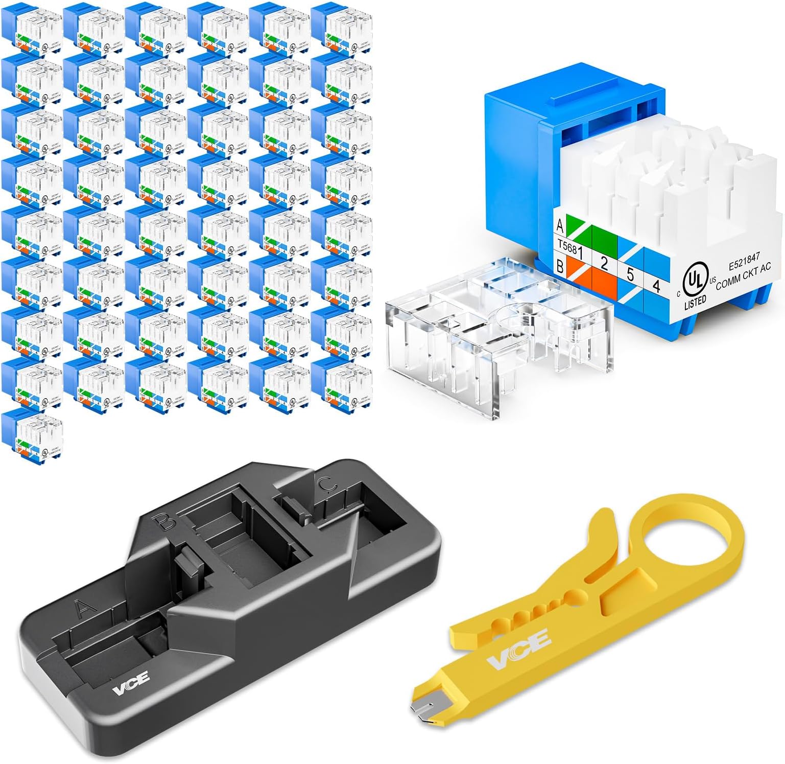 VCE RJ45 Cat6 Keystone Jacks UL Listed 50-Pack, UTP Ethernet Keystone Jacks with Keystone Punch Down Stand Tool and Wire Stripper Cutter, Blue