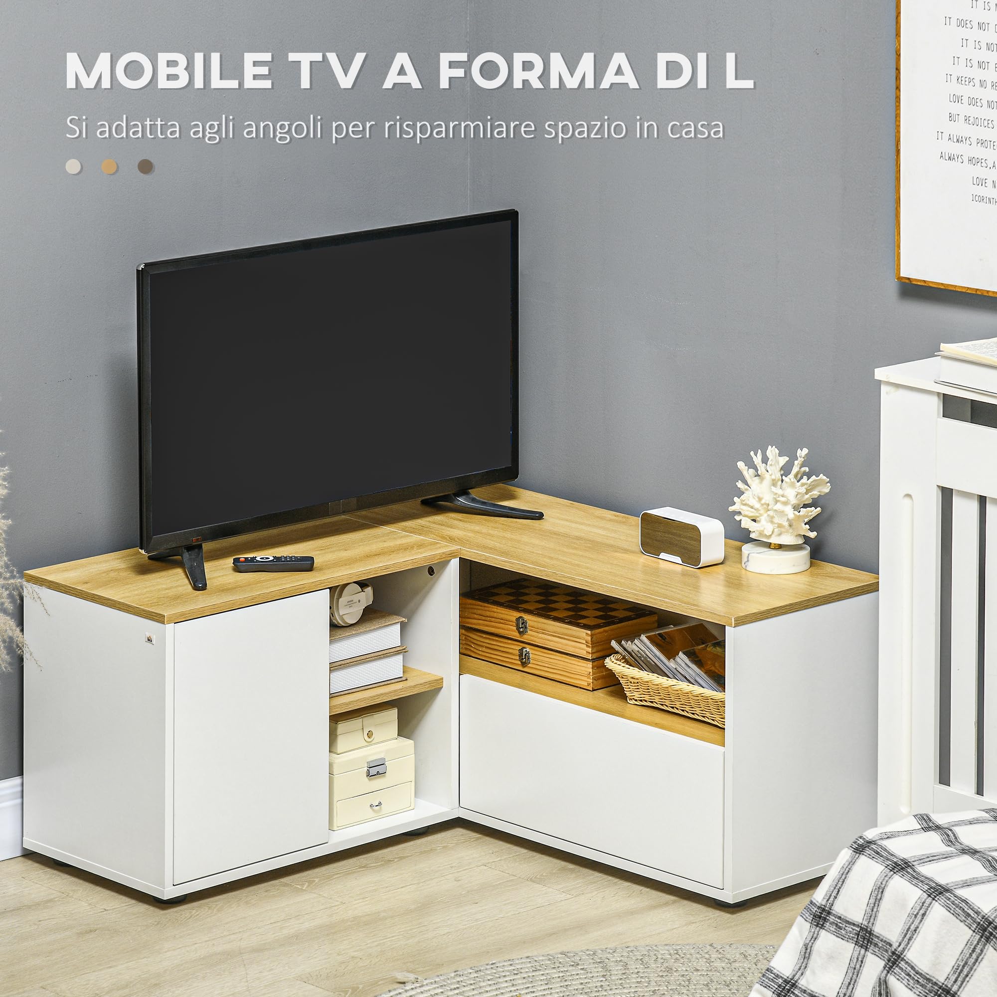HOMCOM Mobile TV a L per TV da 40" con 3 Ripiani Aperti e 2 Armadietti, in Truciolato, 90x90x45 cm, color Rovere e Bianco