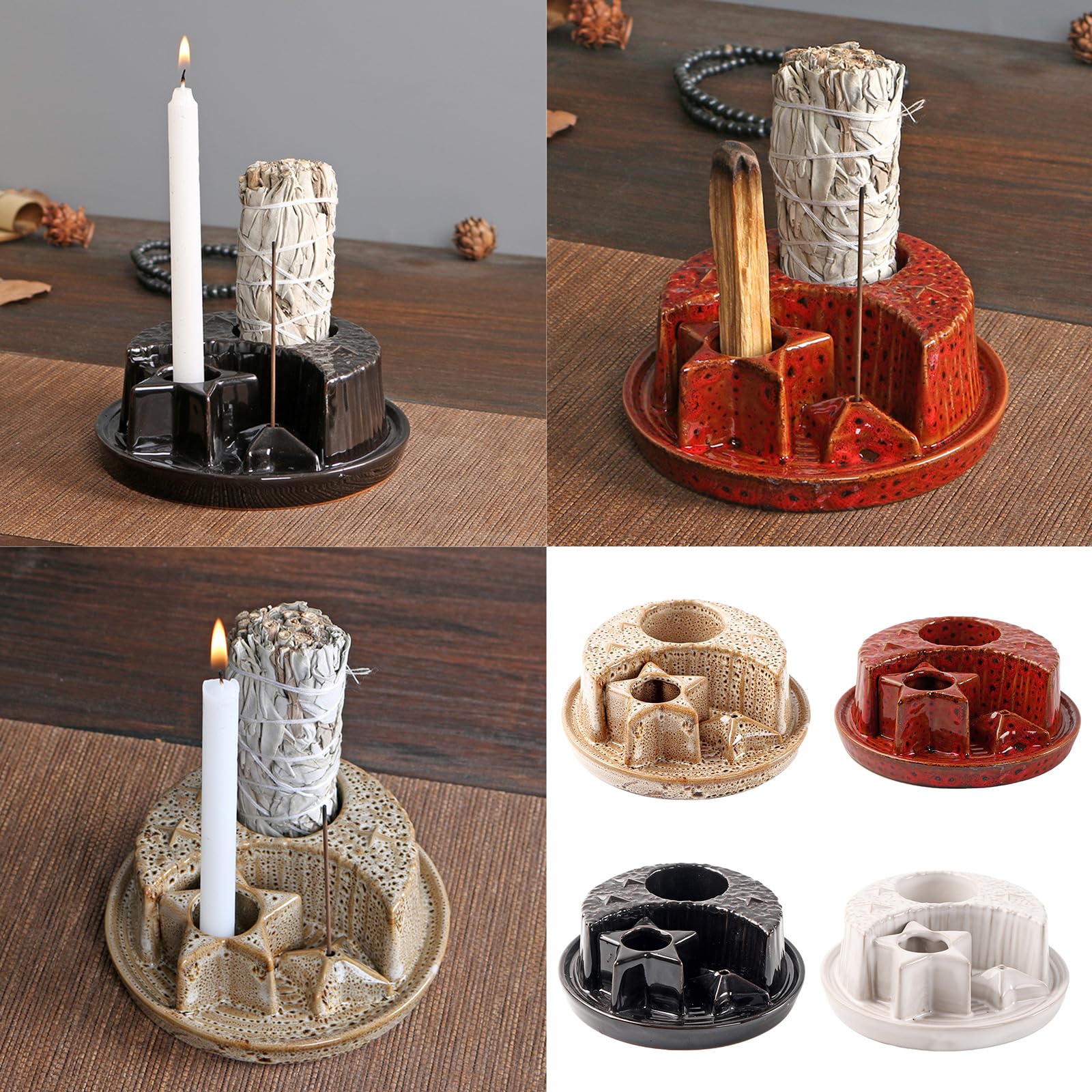 Porta Incenso In Ceramica Rosso – Bruciatore Con Fori Luna E Stella, Raccoglicenere, Per Meditazione E Yoga - 5