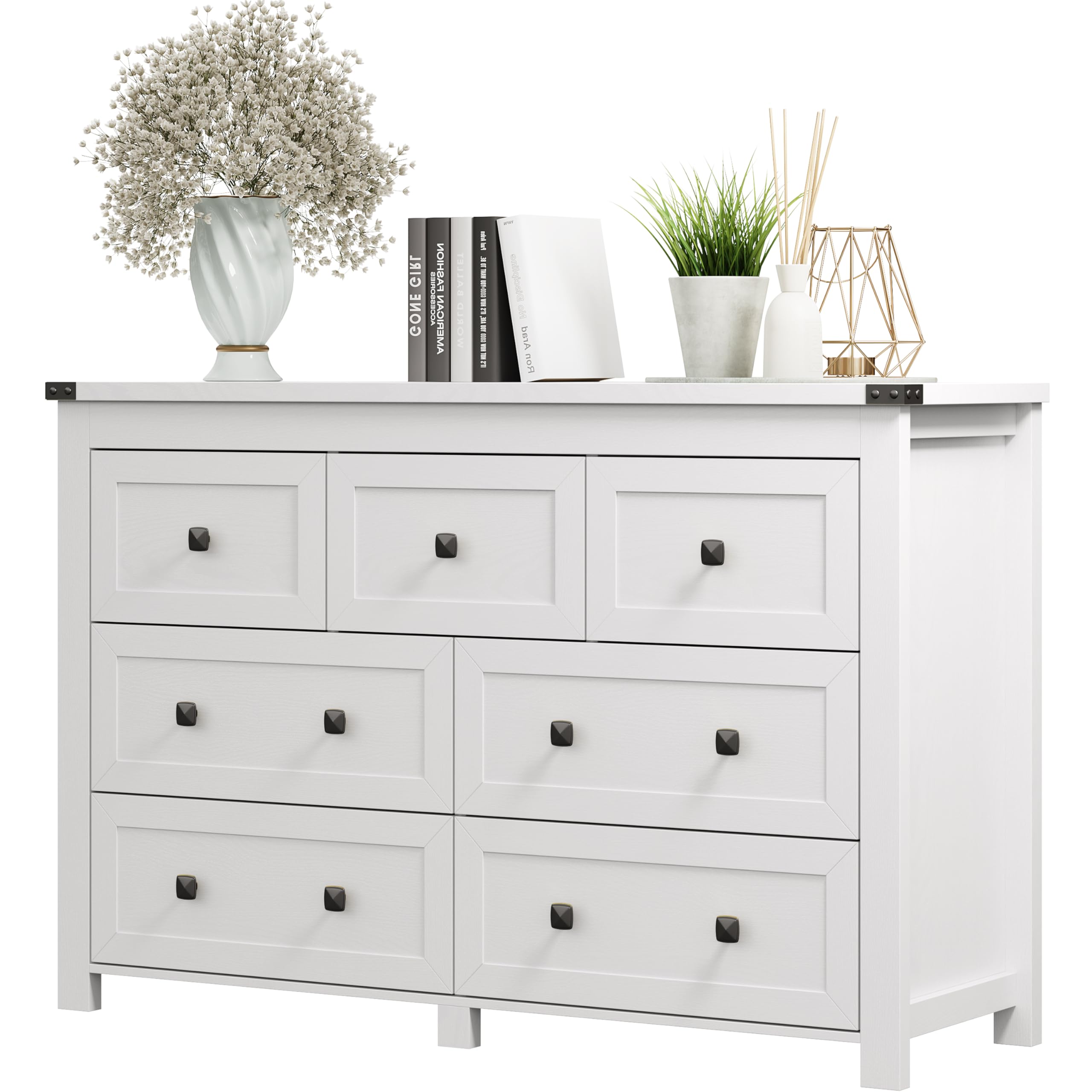 Dresser for Bedroom with 7 Drawers, Farmhouse Wood Chest of Drawers, Wide TV Stand Closet Storage Furniture with Metal Handle, Modern Clothes