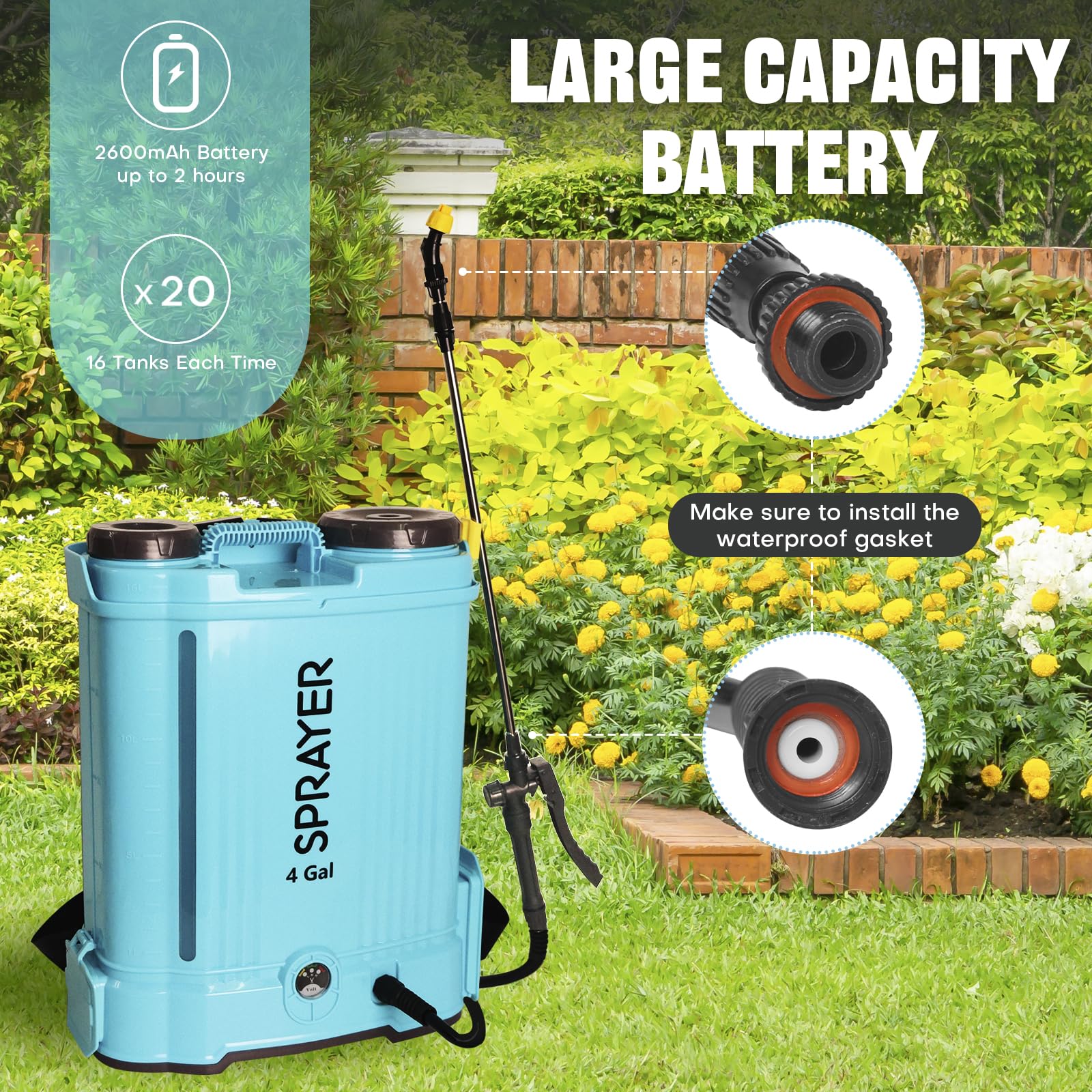 Pompa Irroratrice a Batteria 16L Irroratrice a Batteria Pompa Elettrica Nebulizzatore a Zaino Spruzzatore da Giardino Elettrico 12V 2600 mAh 5.5 Bar Velocità Regolabile