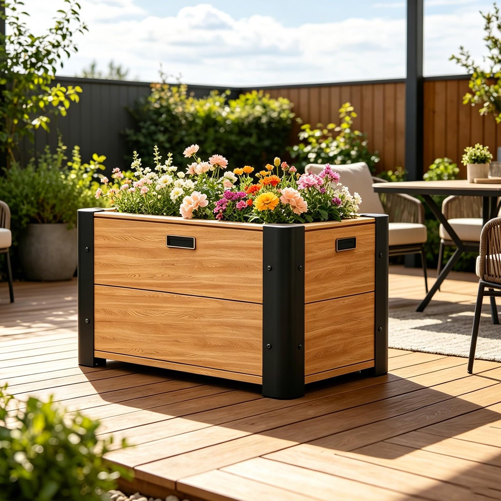 Cama de jardín elevada de aluminio con acabado grano de madera y caja de cultivo profundo