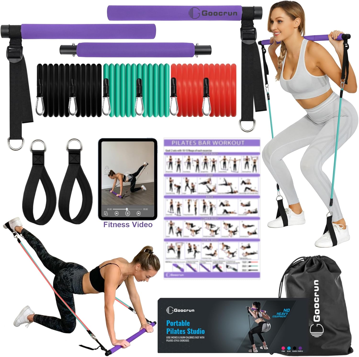 Portable Pilates Bar Kit with Resistance Bands for Men