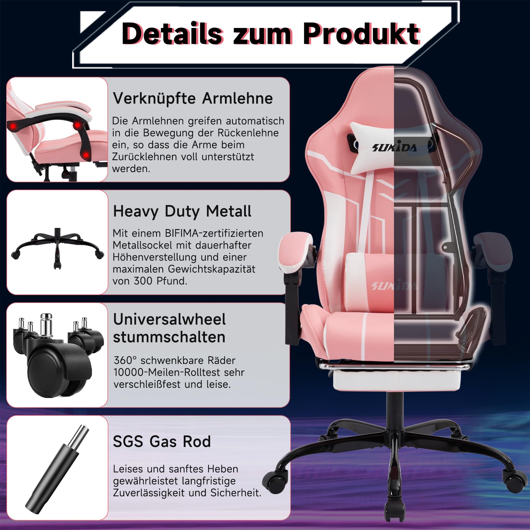 SUKIDA krzesło do gier komputerowych Ergonomiczny fotel do gier z podnóżkiem Biurowy fotel komputerowy Ergonomiczny fotel komputerowy z podparciem lędźwiowym Różowo-biały