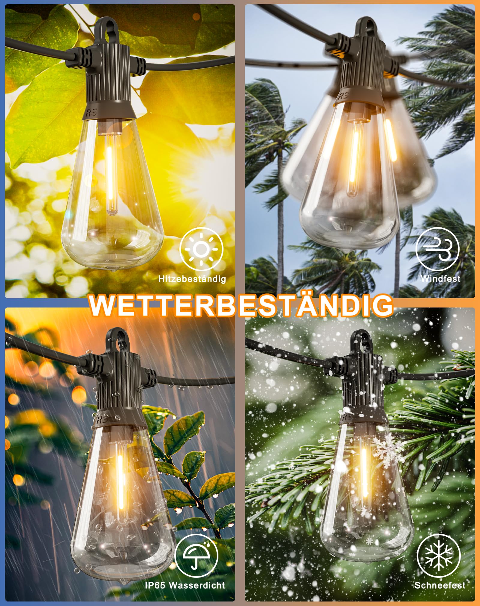 LED Lichterkette Außen Strom 45m, Lichterkette Glühbirnen Aussen mit 73+3 Dimmbaren Warmweißen Birnen, Wetterfeste Lichterkette Outdoor für Terrasse, Garten, Party, Balkon, Hochzeiten