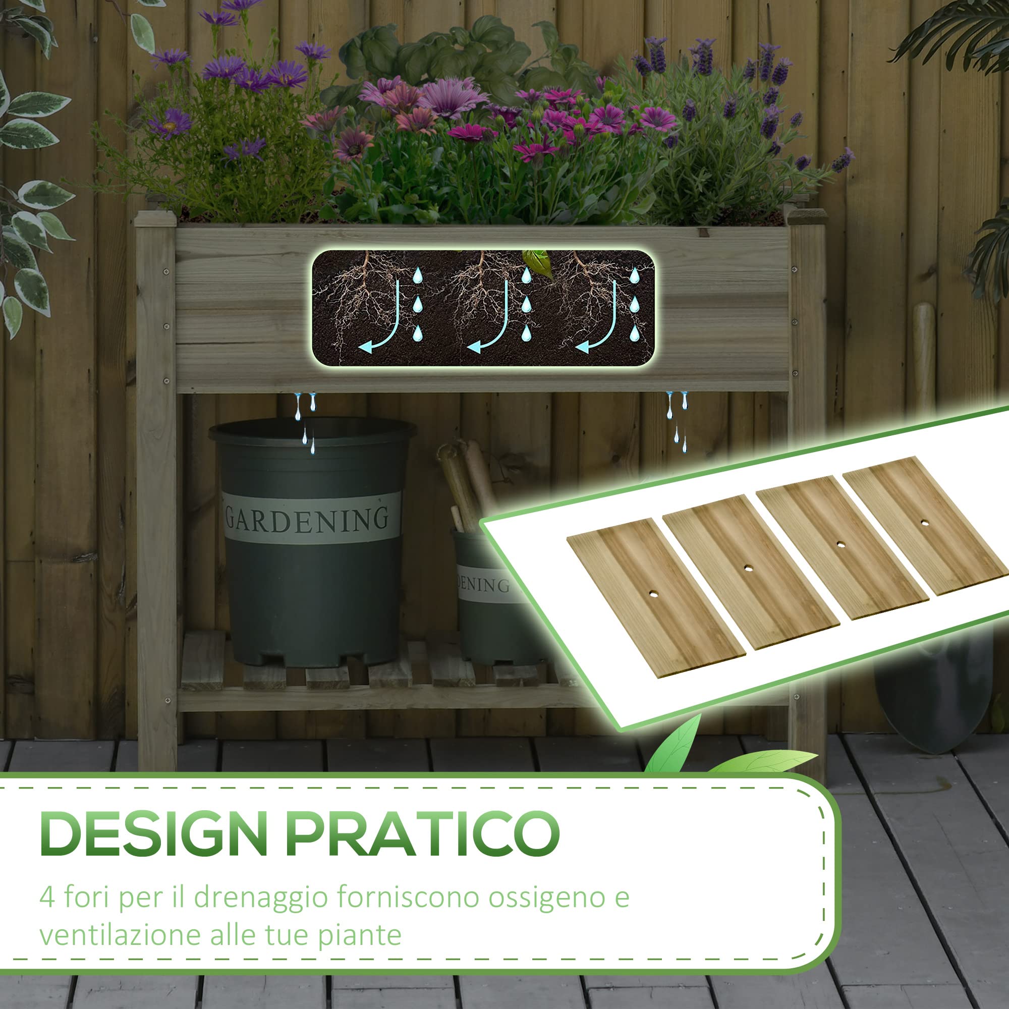 Outsunny Letto per Orto Rialzato in Legno con Ripiano Inferiore, Fioriera da Esterno Portapiante per Giardino e Balcone, 91x51x76cm