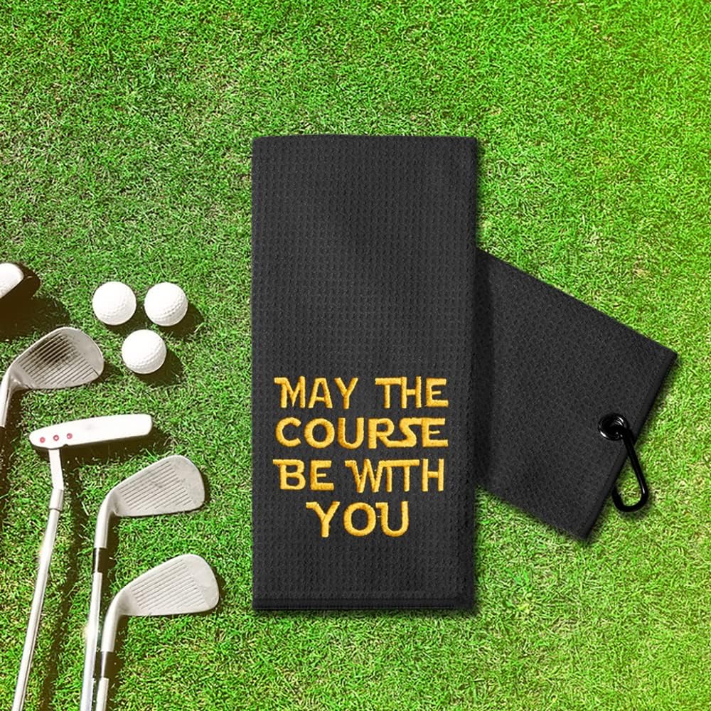 review TOUNER Funny Golf Towel Gift for Dad, Retirement Gifts for Men Golfer, Funny Golf Towel for Men, Embroidered Golf Towels for Golf Bags with Clip (May The Course Be with You)