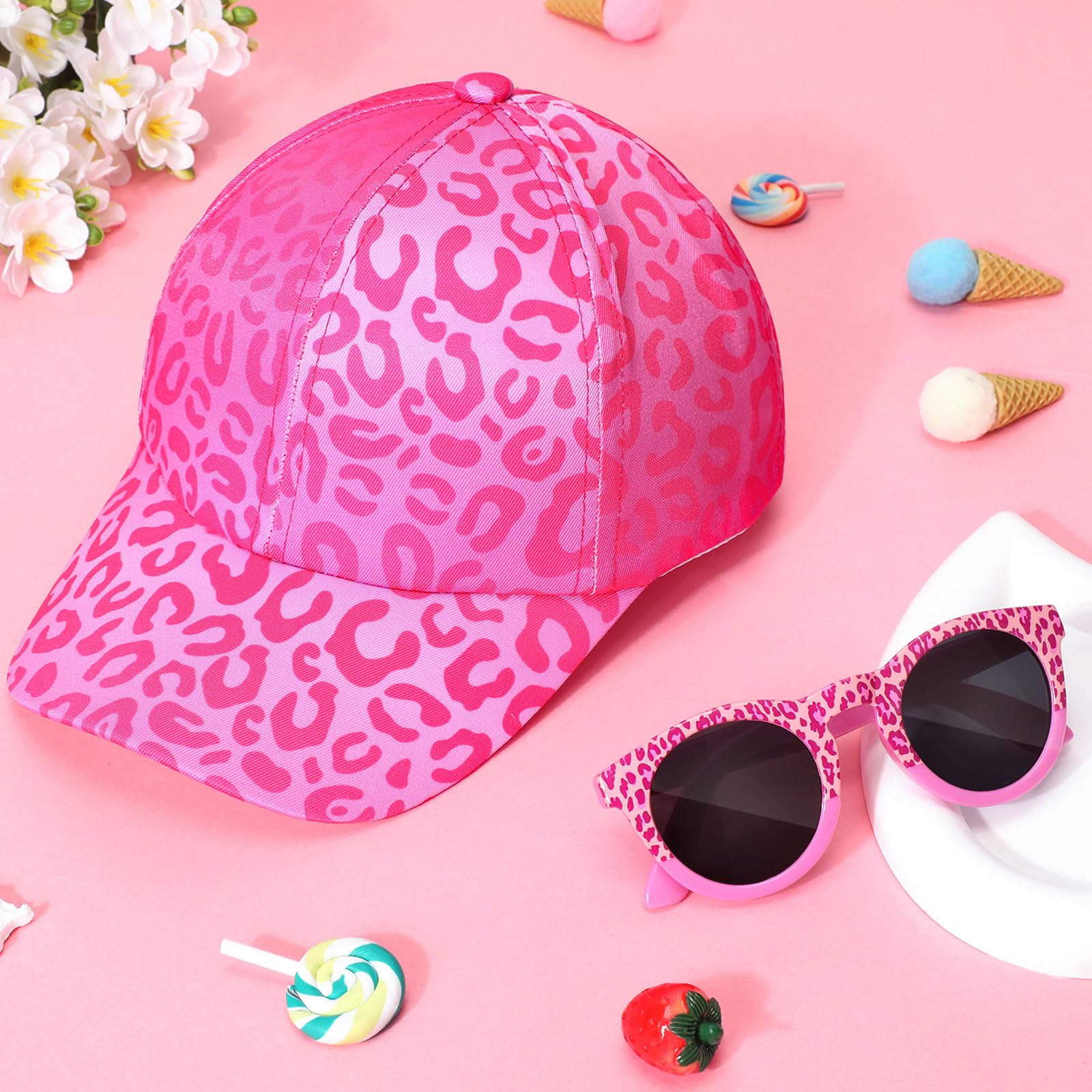 Gorra de Béisbol para Niñas con Gafas de Sol Protección UV Ajustable Estampado de Leopardo Verano 3-10 Años