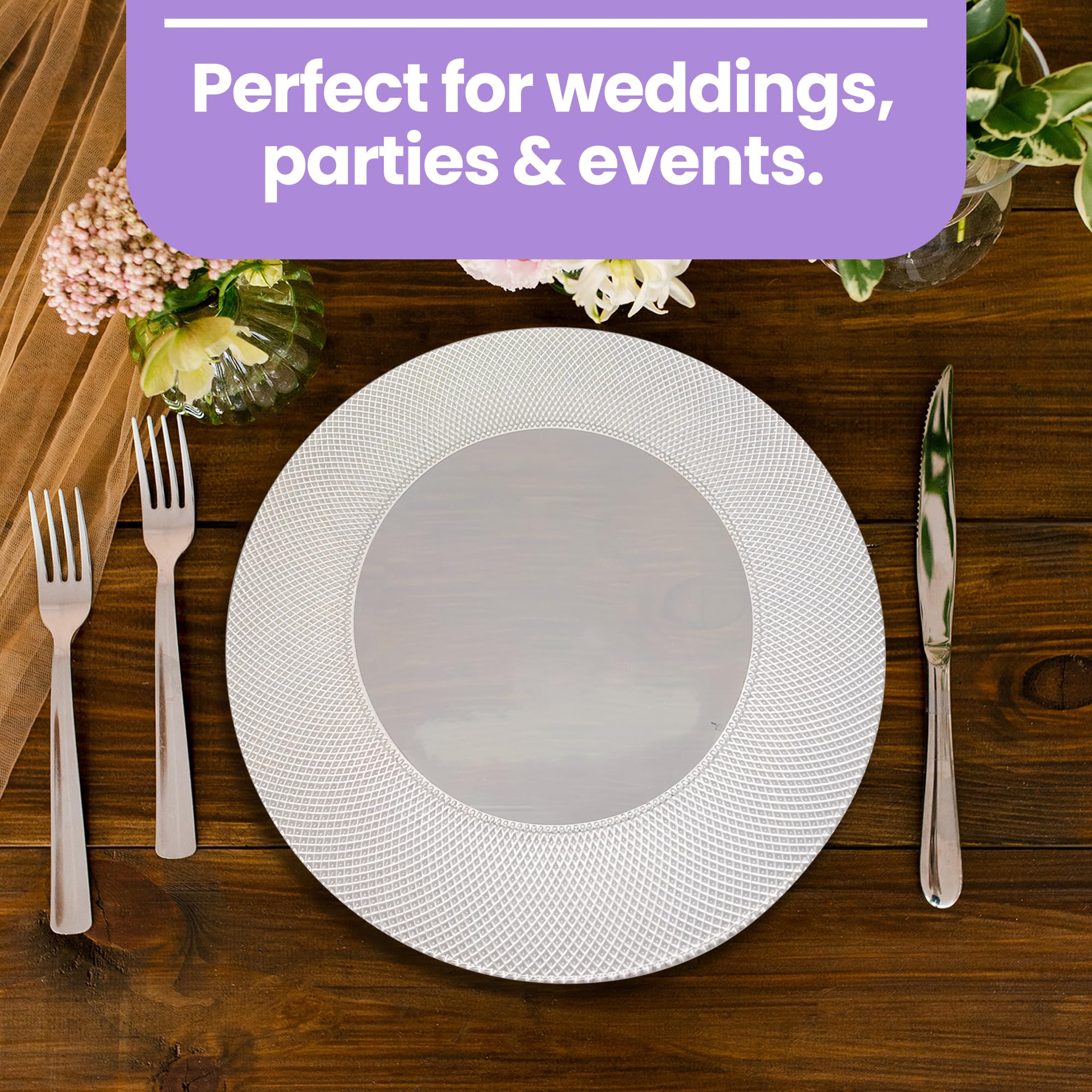 Elegante plato de carga de vidrio a cuadros plateado de 33 cm, placa inferior redonda ideal para bodas, fiestas, aniversarios, fiestas de cumpleaños, vajilla y eventos de catering, 6 unidades
