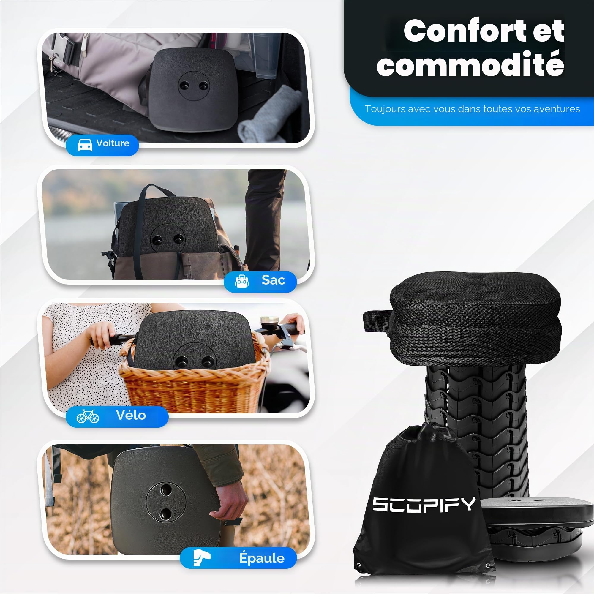 Tabouret Pliant Portable avec Coussin Confort – Siège Télescopique Réglable en Hauteur, Léger et Robuste – Tabouret Pliable de Camping, Randonnée, Pêche, Jardin, Festivals, Voyage – Charge Max 200 kg
