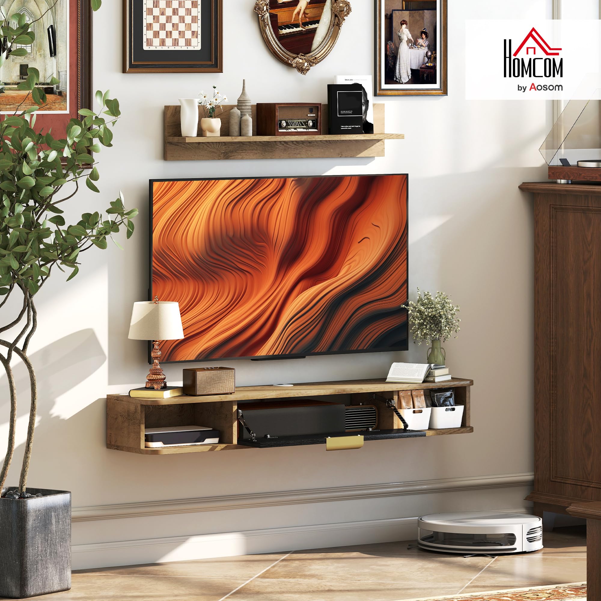 HOMCOM Ensemble de Meubles de Salon, Meuble TV avec étagère Murale, Porte, étagères Ouvertes, Trous pour câbles, pour télévision Murale, 120 x 24 x 16 cm, chêne