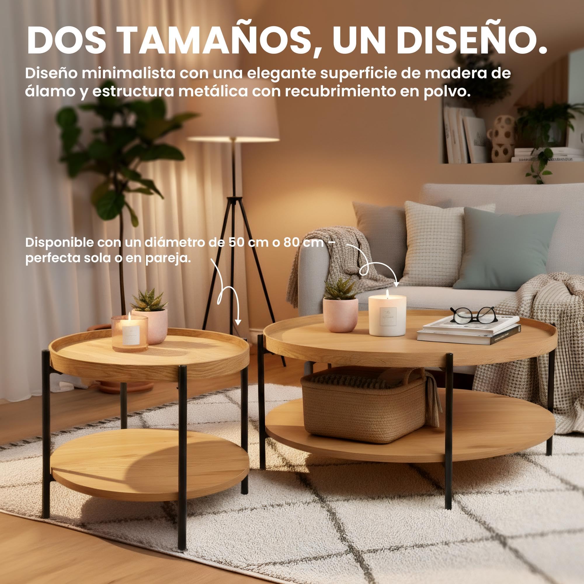 CLP Mesa de Centro Redonda de Madera Corbitan, mesita de salón de 2 Niveles con Almacenamiento, Estructura de Metal Negro pequeña, Color:Natura, Tamaño:Ø 80 cm