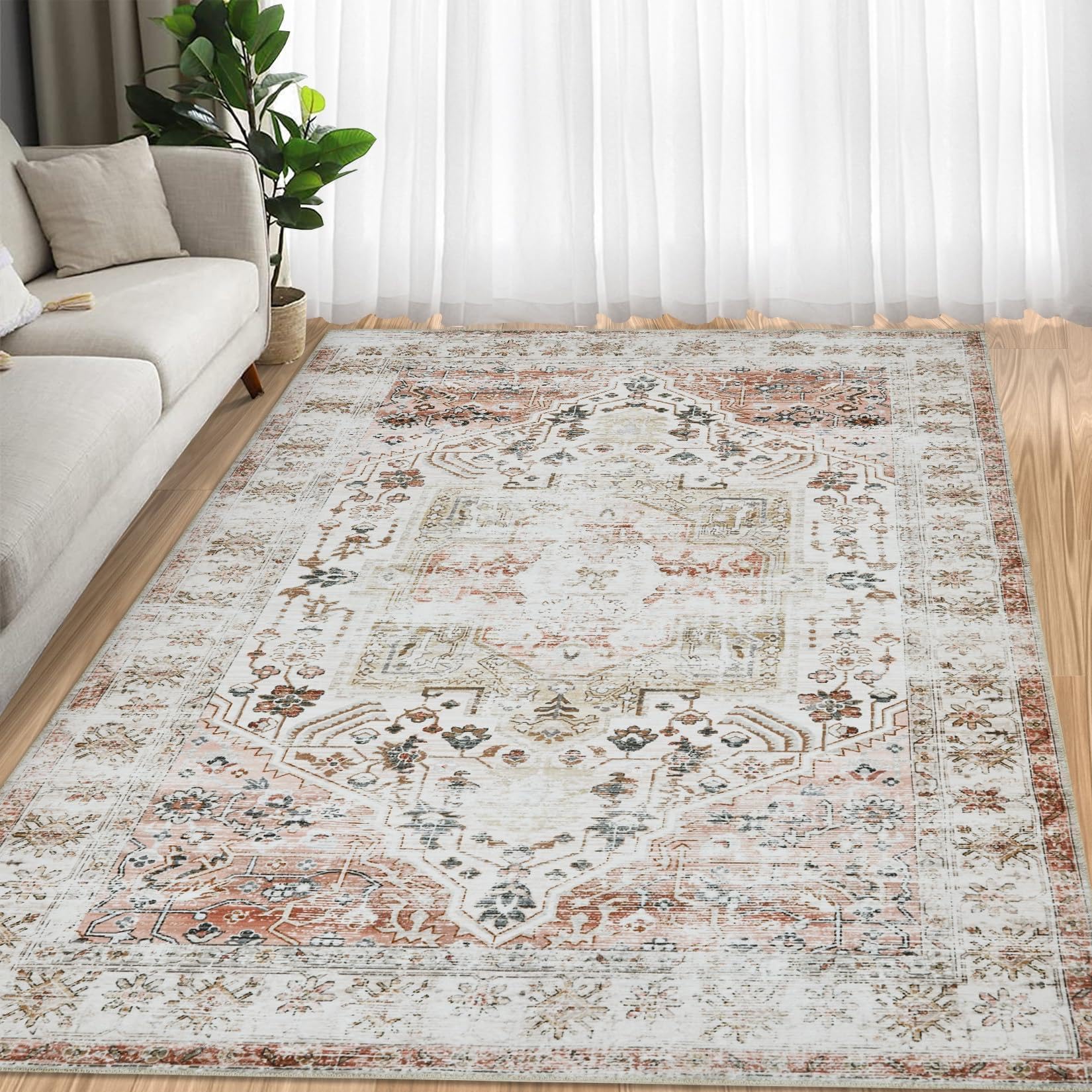 Tappeto 240x300cm Tappeto Vintage per Soggiorno, Tappeto Lavabile Tradizionale Anticato, Tappeto Retro Antiscivolo per Camera da Letto, Tappeto Morbido Grande per Sala da Pranzo, Taupe Multi