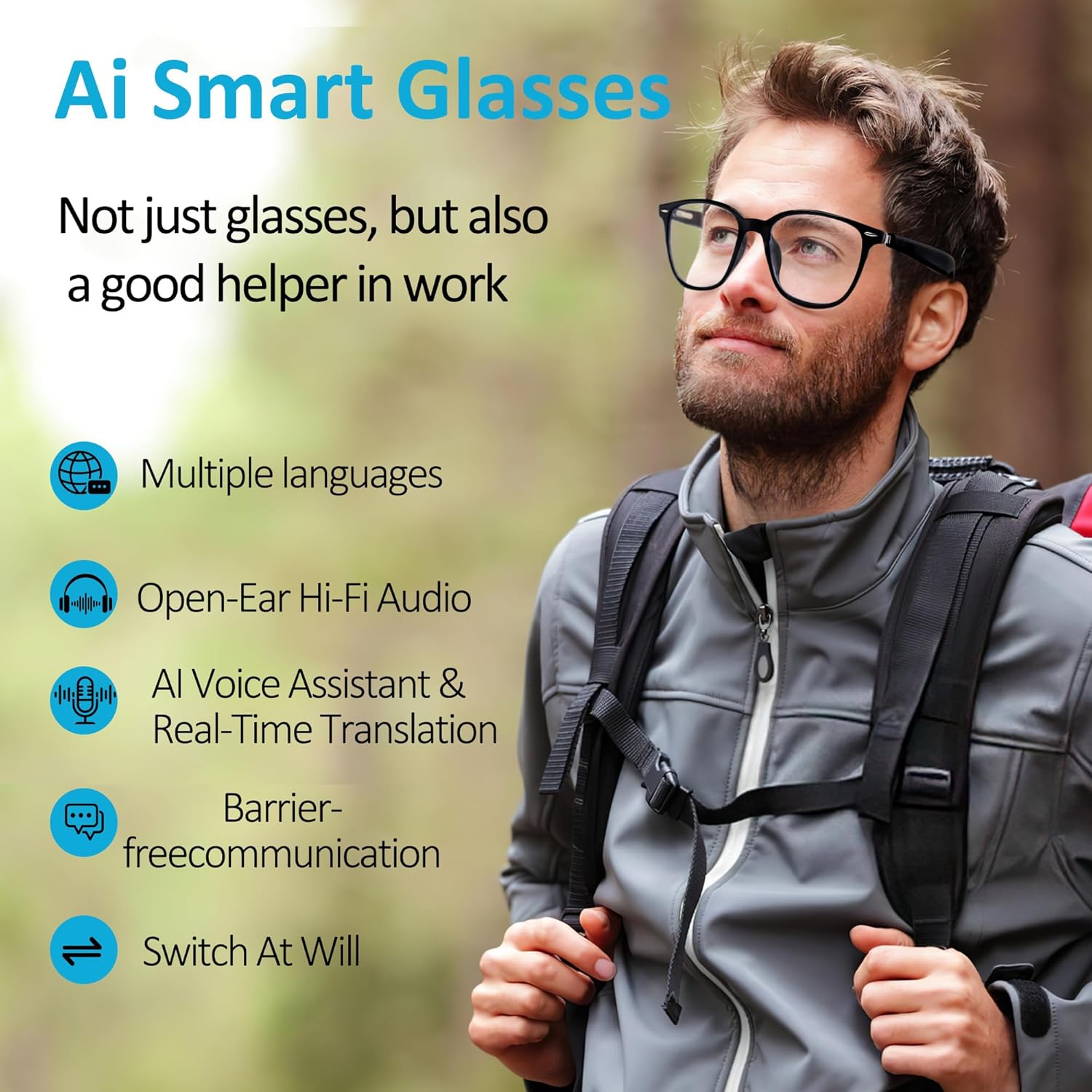 AI Smart Glasses, Bluetooth 5.4 with Open-Ear Speakers & Voice Assistant, Real-Time Translation, Anti-Blue Light Lenses​ for Business,Driving, Travel, Cycling, Outdoor Activities.