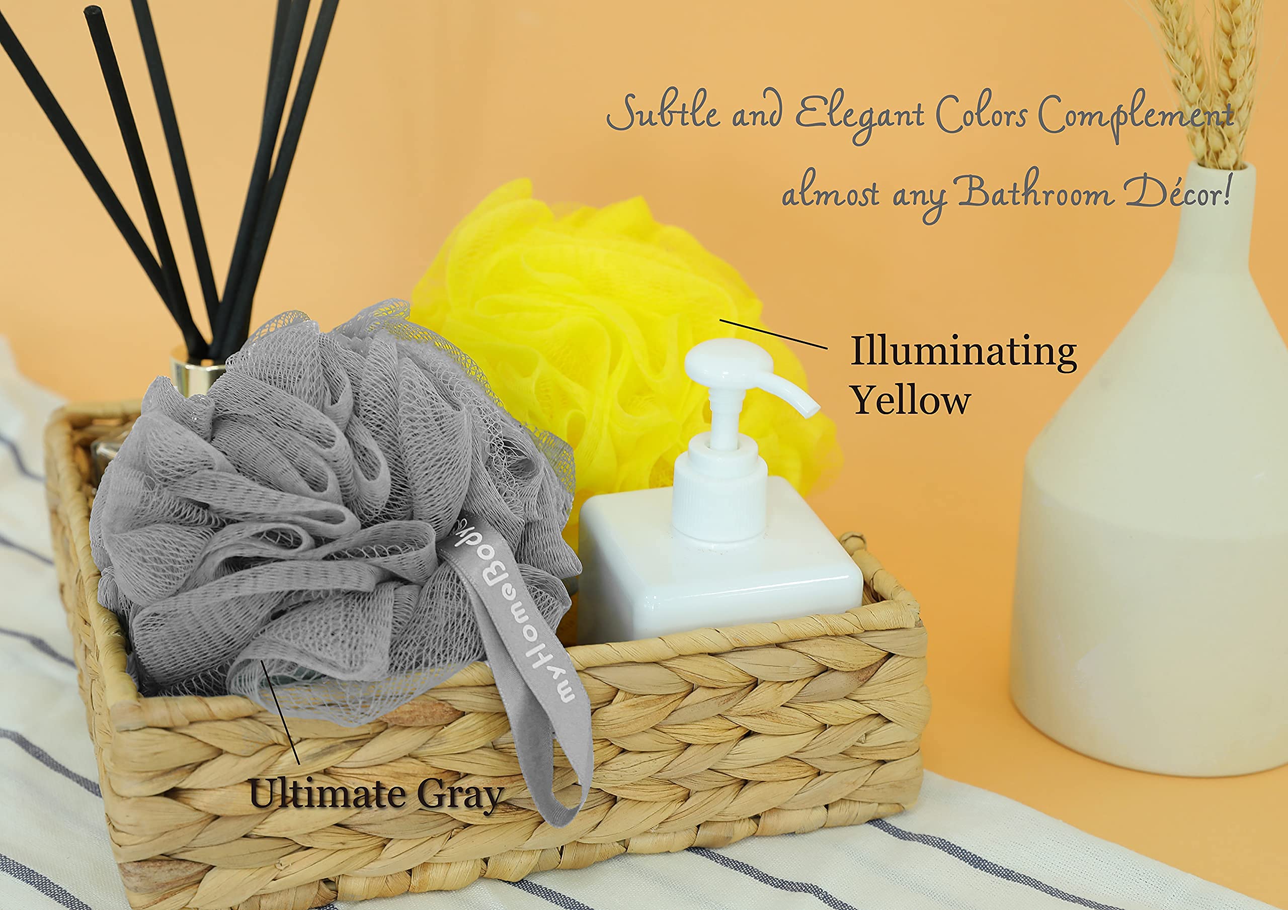 myHomeBody Duża gąbka luffa 70 g, myjka do ciała, gąbka do kąpieli, luffa dla kobiet, mężczyzn, gąbka złuszczająca pufa prysznicowa z węglem aktywnym - 2 Ultimate Gray + 1 świecący żółty, 3 szt