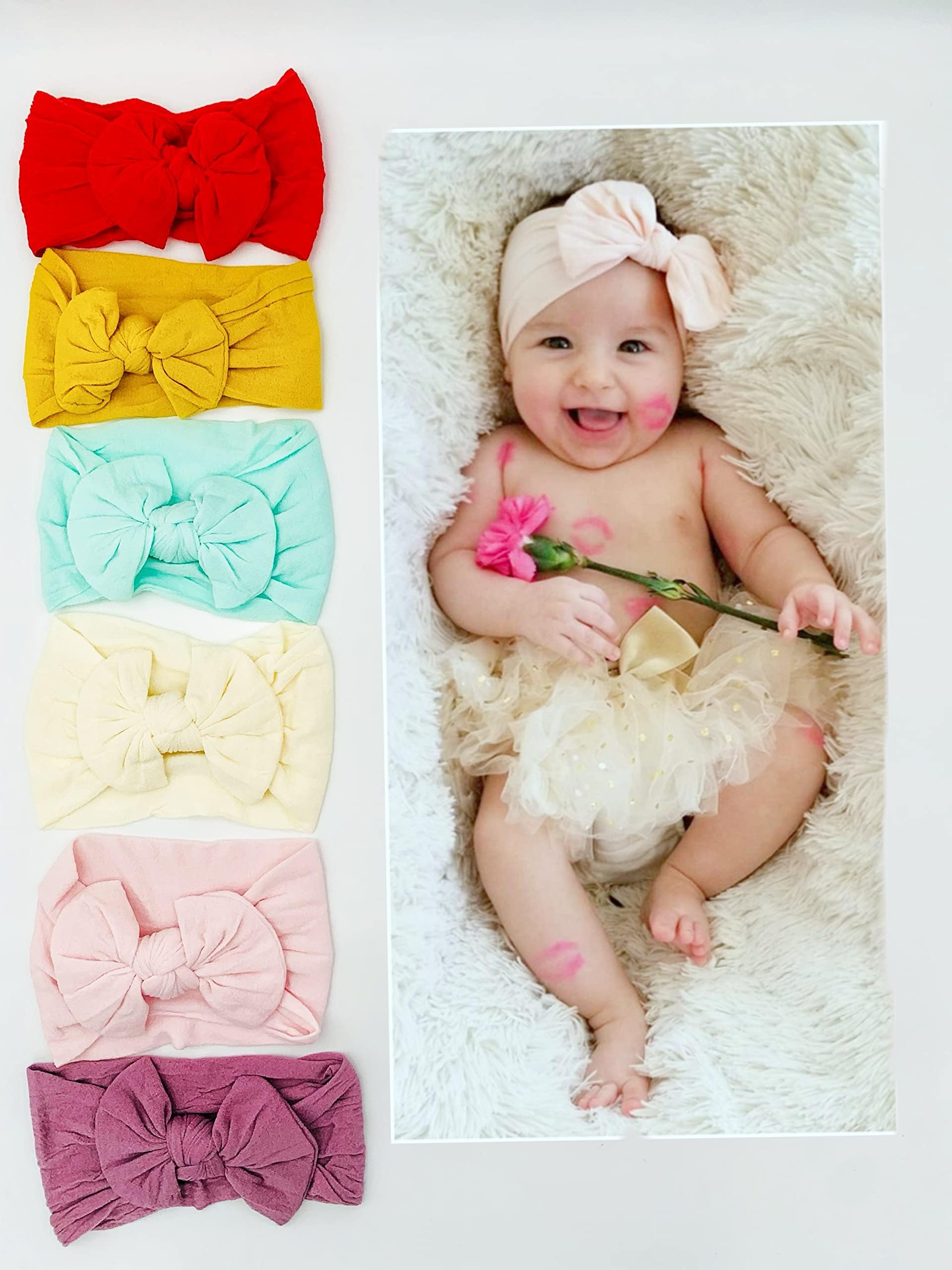 Showay6 Pack Baby Girl Bow Headband Elastic Soft Headband Nylon Headband Hairband Hair Bow Elastic Hair Styling Accessories for Newborn Baby Toddler Girl, Assorted Color, 15mmx9mm