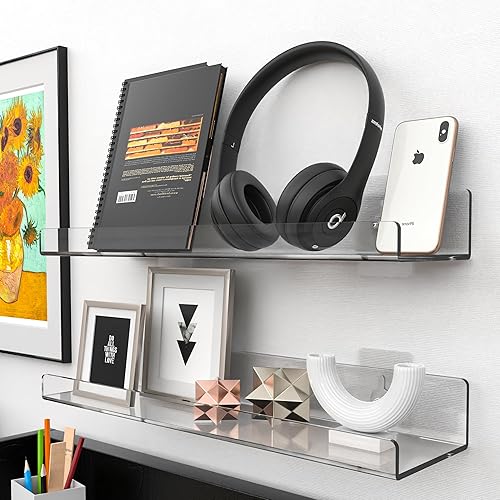 Miniatura 2 de BTSD-home Paquete de 8 estantes acrílicos transparentes de 15 pulgadas para almacenamiento en la pared, estantes flotantes acrílicos montados en la