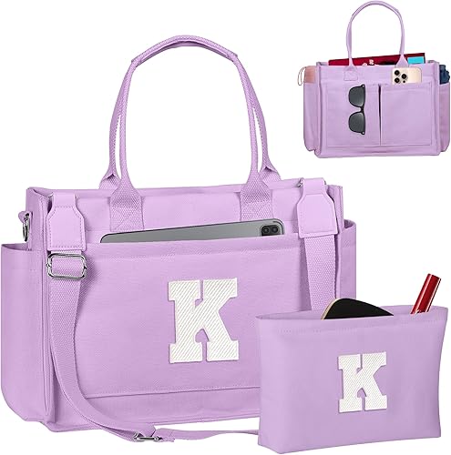 Christmas Gifts for Women Teen Girls, Initial Tote Bag with Zipper, Letter Canvas Tote Purse for College Work Laptop