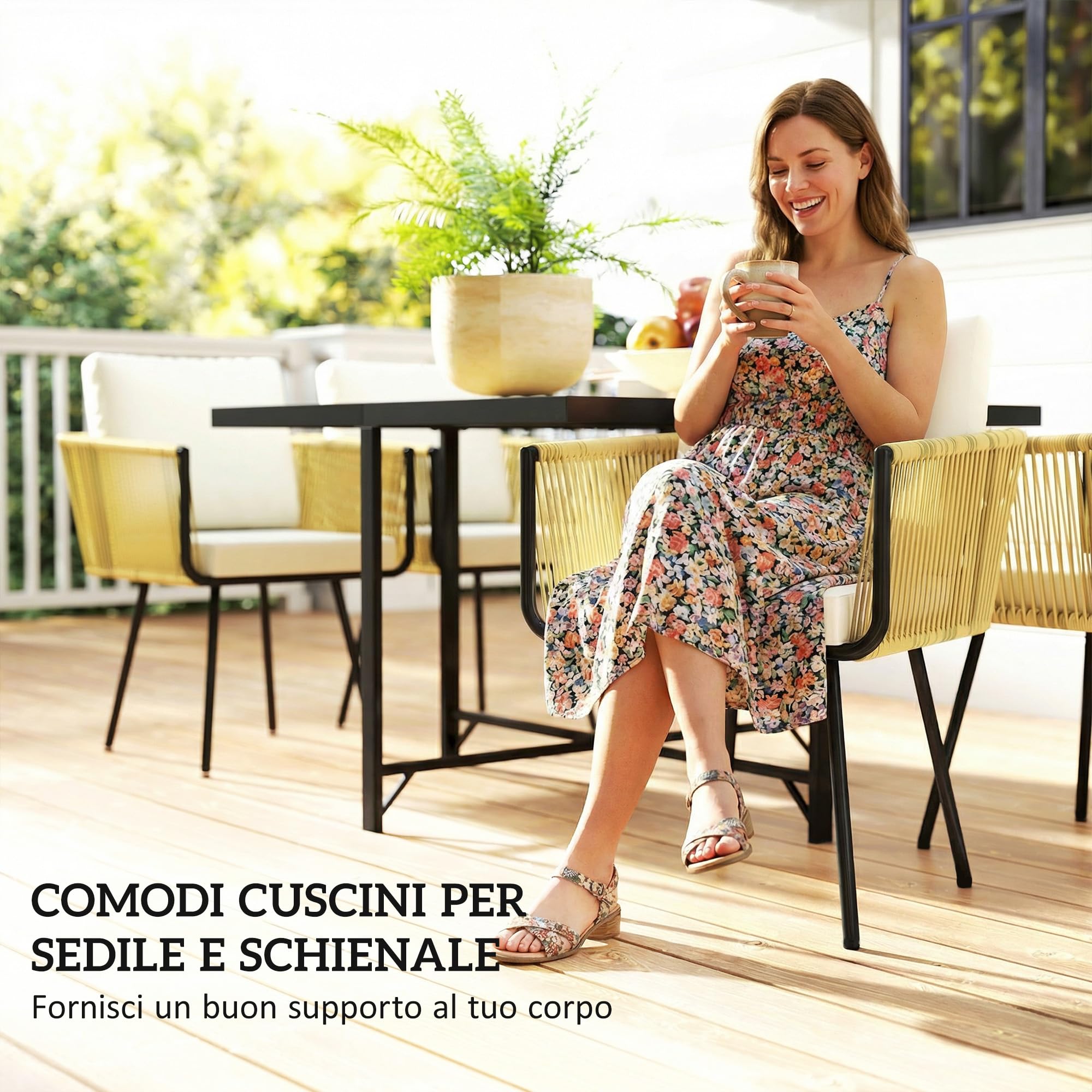 Outsunny Set Tavolo e Sedie da Giardino in Rattan 5 Pezzi, Pranzo Esterno con Tavolo Effetto Legno, Cuscini Lavabili, Salvaspazio