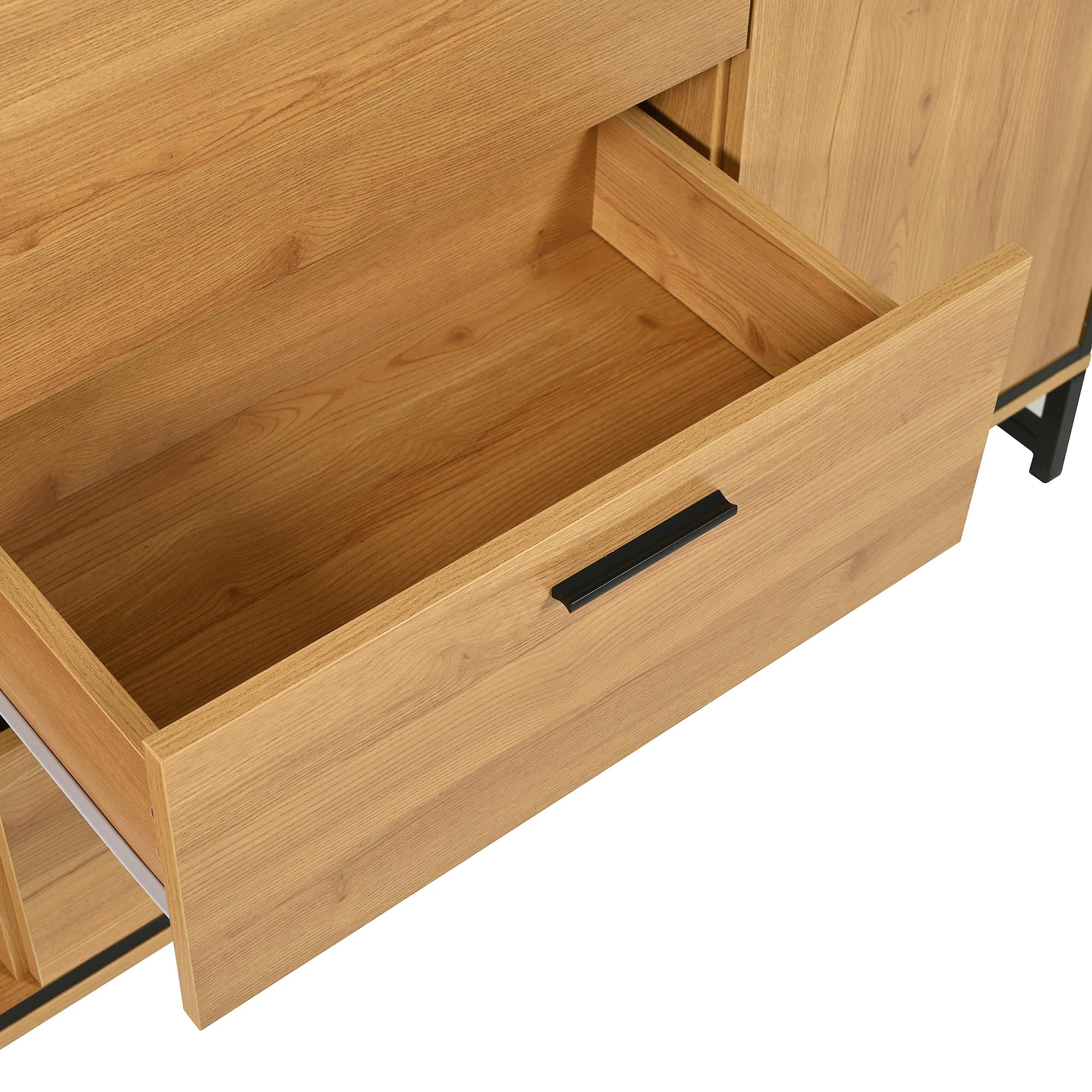Credenza a tre cassetti con due ante Squisita venature credenza moderna in colore legno con ripiani - mobili eleganti e funzionali, colore legno e nero.
