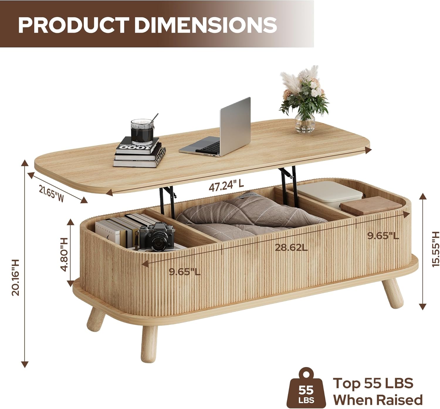 47" Fluted Lift Top Coffee Table with Storage, Modern Oval Wooden Coffee Table for Living Room or Home Office, Safe Rounded Corners & Hidden Compartment
