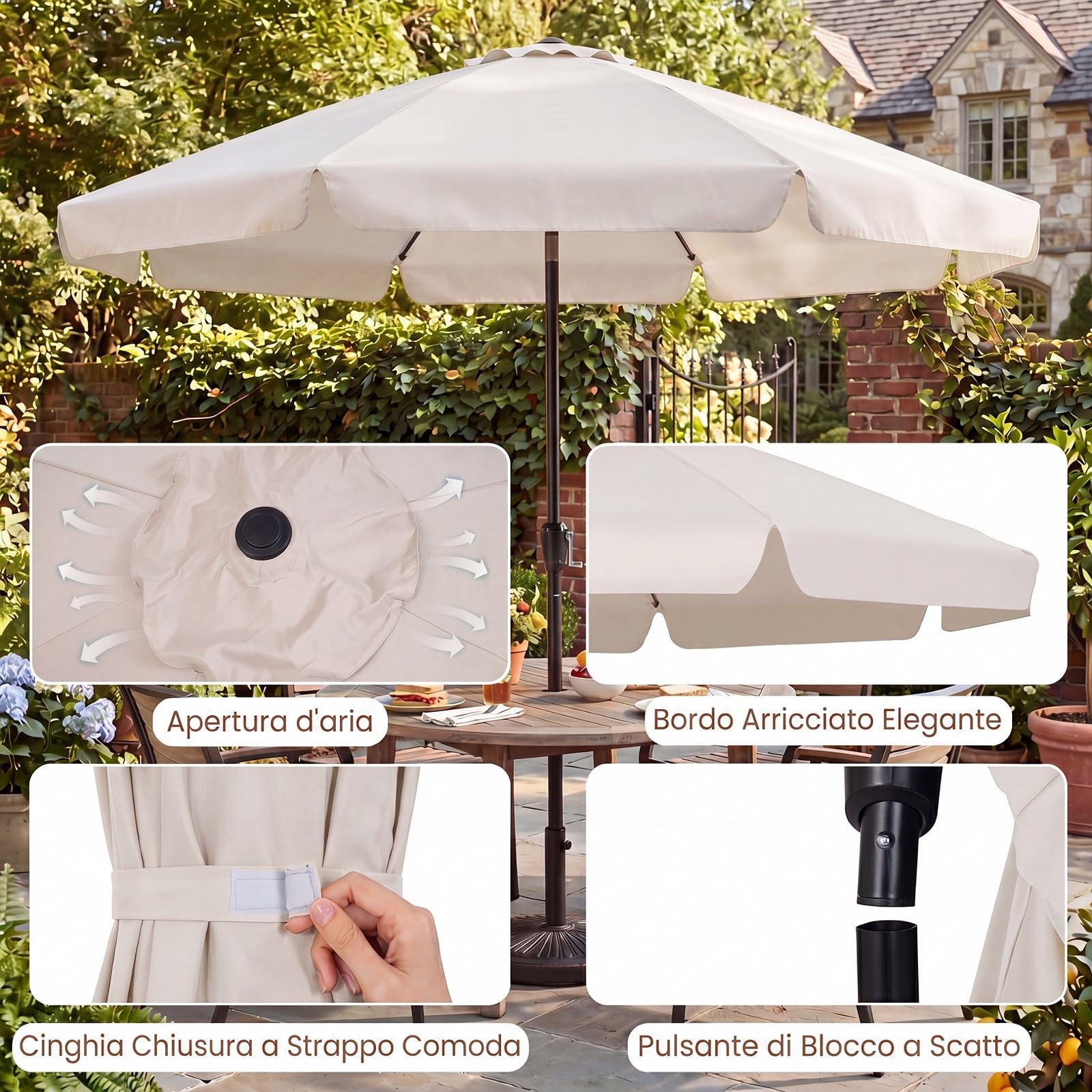 COSTWAY Ombrellone da Giardino 290 cm, Inclinazione Regolabile, con 8 Stecche, Borsa da Trasporto, Anti-UV, per Balcone, Piscina e Terrazza