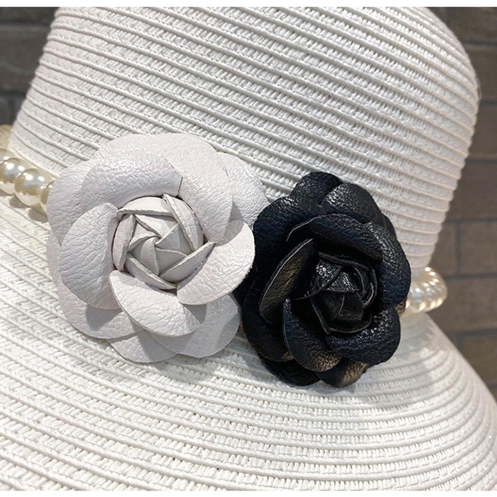 Damen Sommerhut Stroh Fedora Strand Sonnenhut, Blumendekoration Packbares Breitenkrampf Panama Hut White-56-58cm