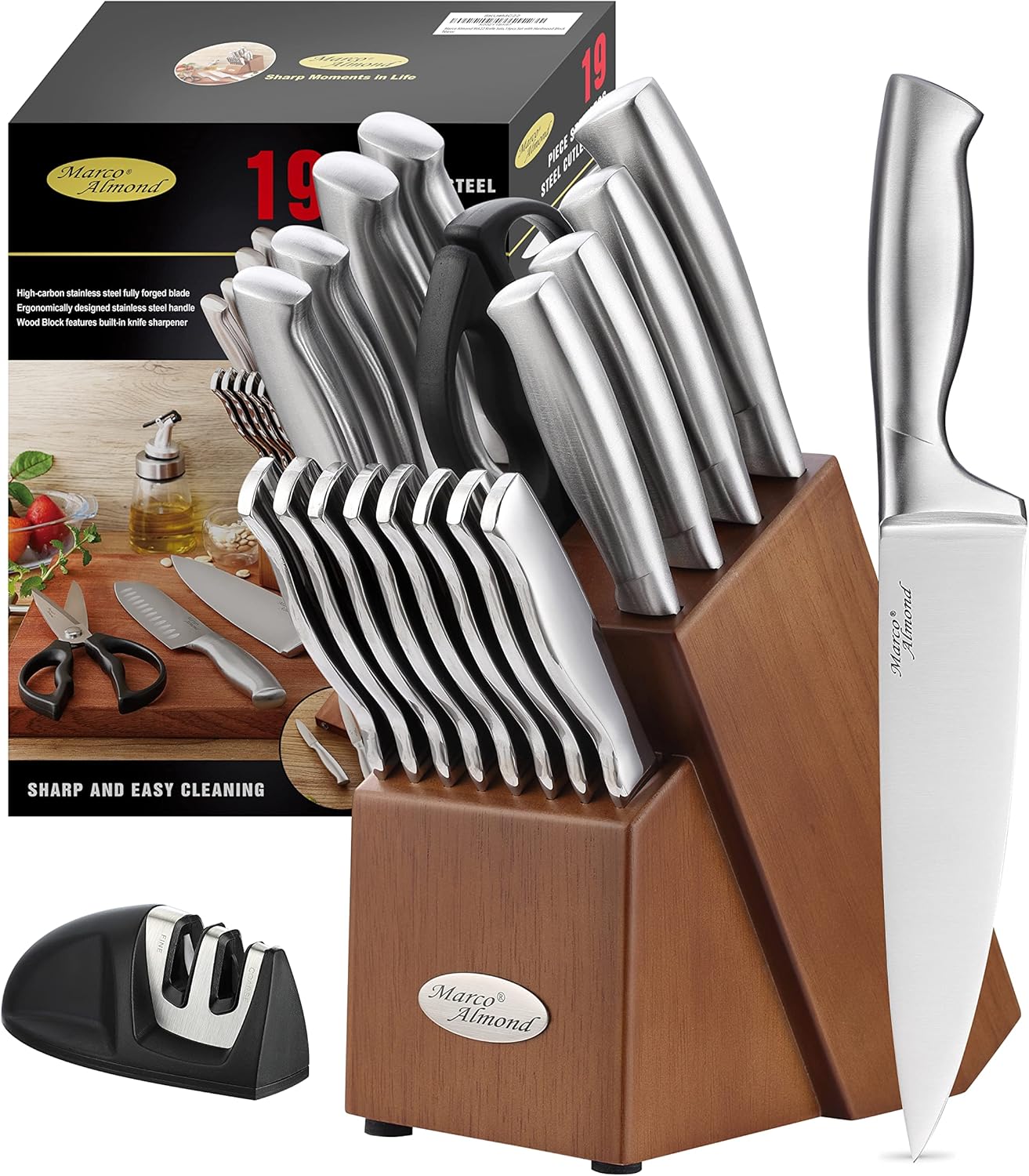 Marco Almond MA22 Knife Sets, 19 Pieces Stainless Steel
