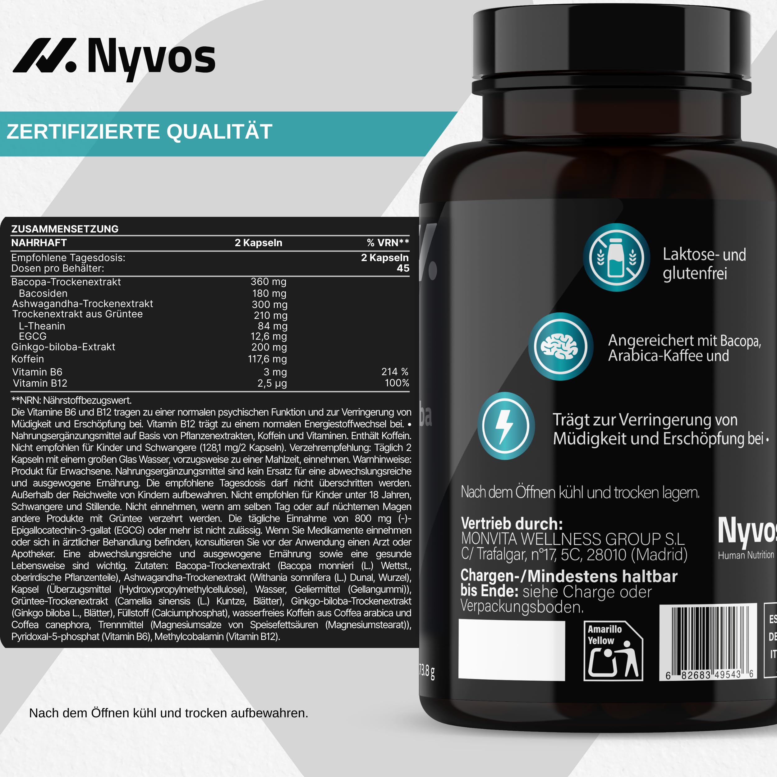 L Theanin, Ginkgo Biloba, Ashwagandha – Nootropic mit Bacopa Monnieri, natürlichem Koffein, Vitamin B6 & B12 hochdosiert | Focus, Konzentration & Energie ohne Nervosität | 90 vegane Kapseln