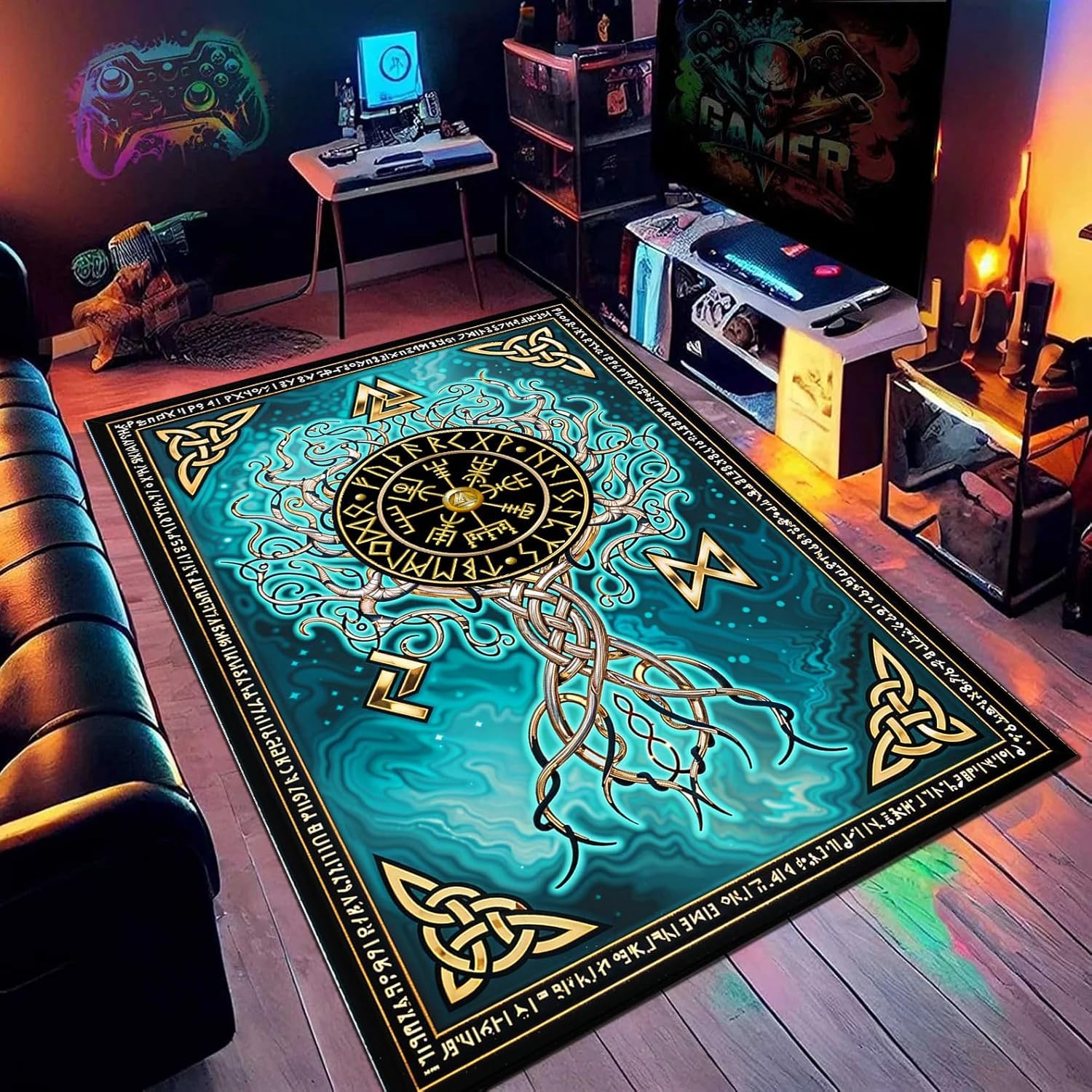 Owingus Design Viking Area Rug, Tree of Life Norse Decor, 5x7 ft, Polyester, Pile Woven, Non Slip, 12mm Pile Height, Rectangular, Indoor/Outdoor