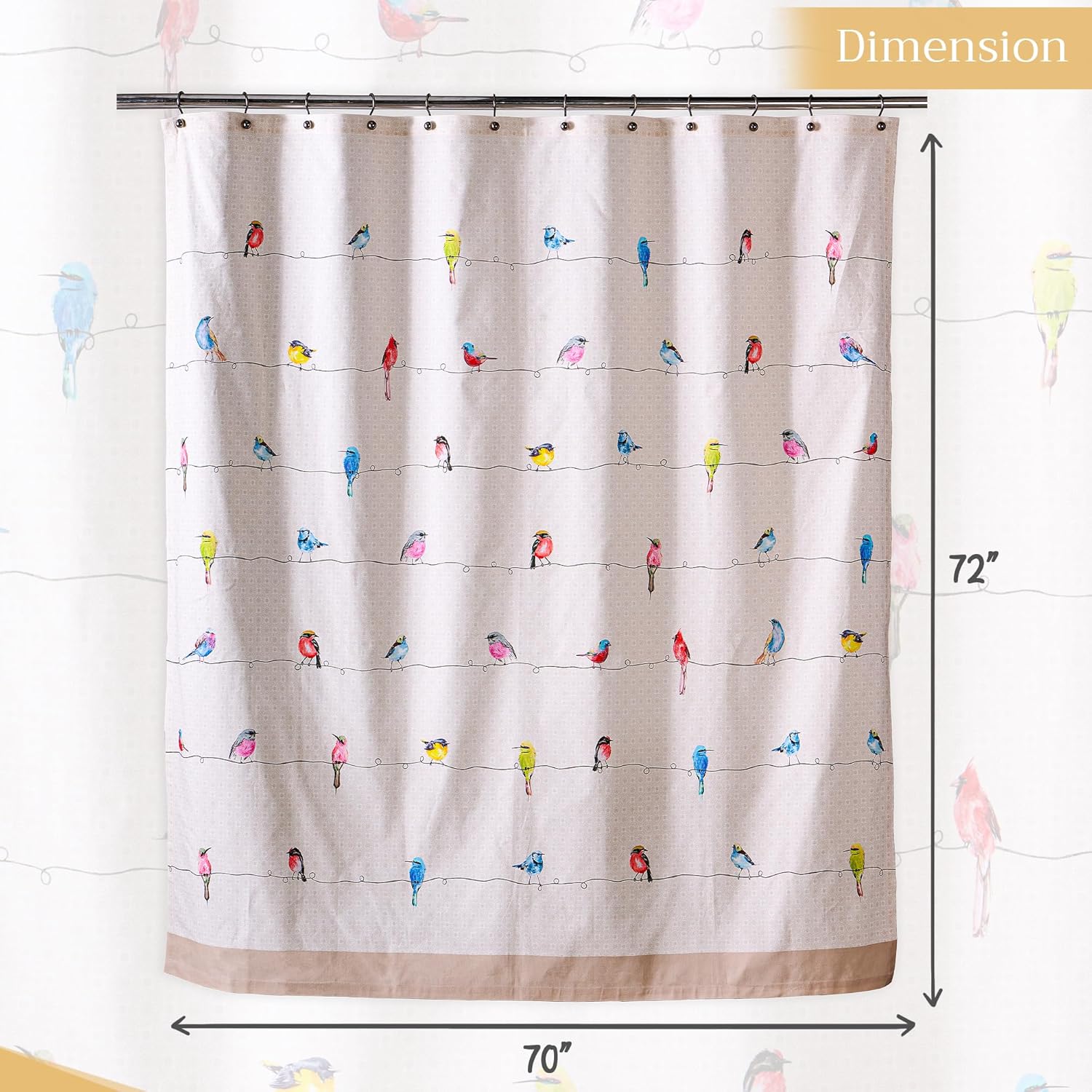 Maison d' Hermine Shower Curtain 100% Cotton One Panel 70"x72" Washable Fabric Shower Curtains for Bathroom, Easy Hanging with 12 Button Holes - Home Hotel Spa Easter Gifts (Birdies on Wire)