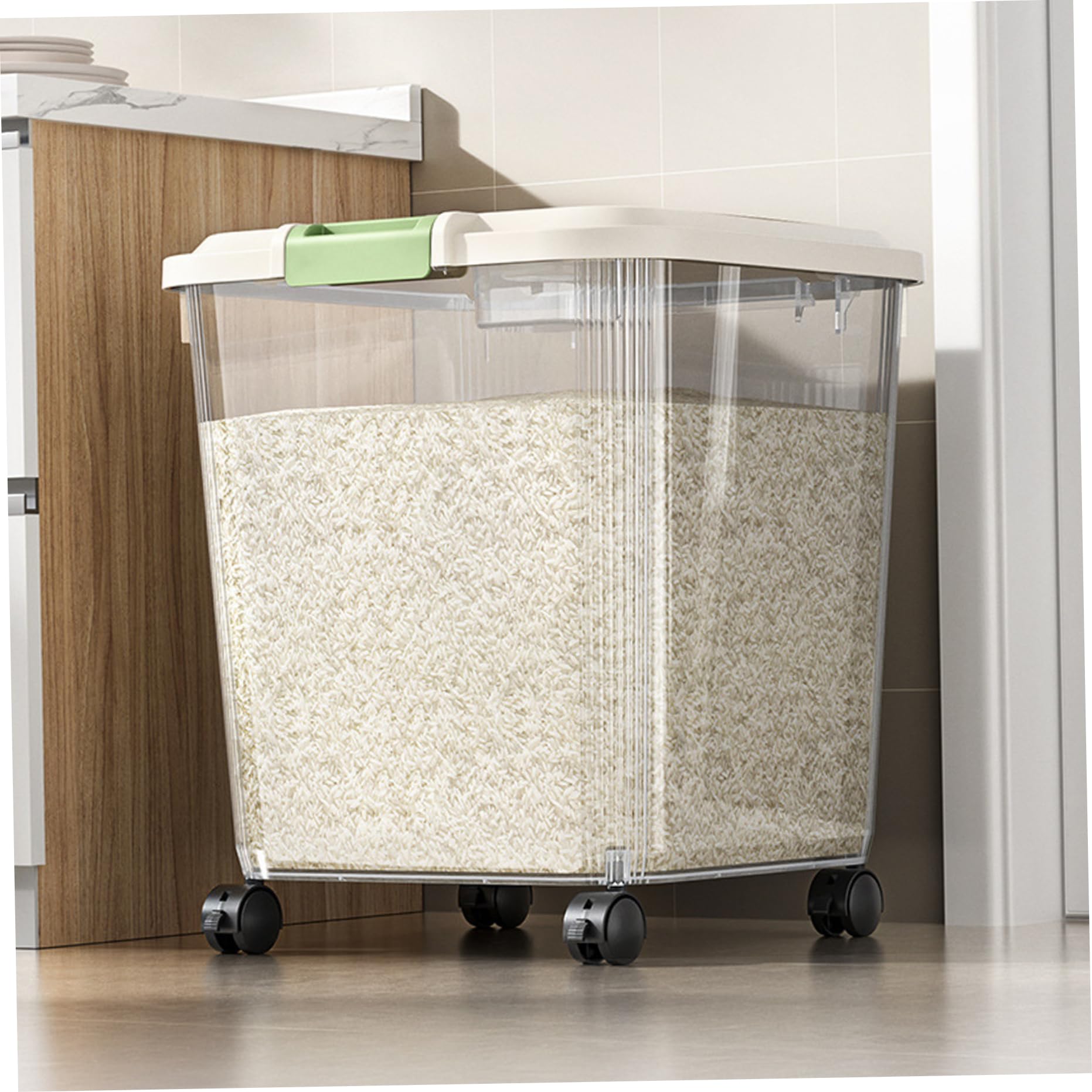 Almacenamiento de arroz, contenedor de almacenamiento de 33 libras con ruedas contenedor hermético para alimentos para arroz, harina, comida para mascotas, contenedores de soporte transparente