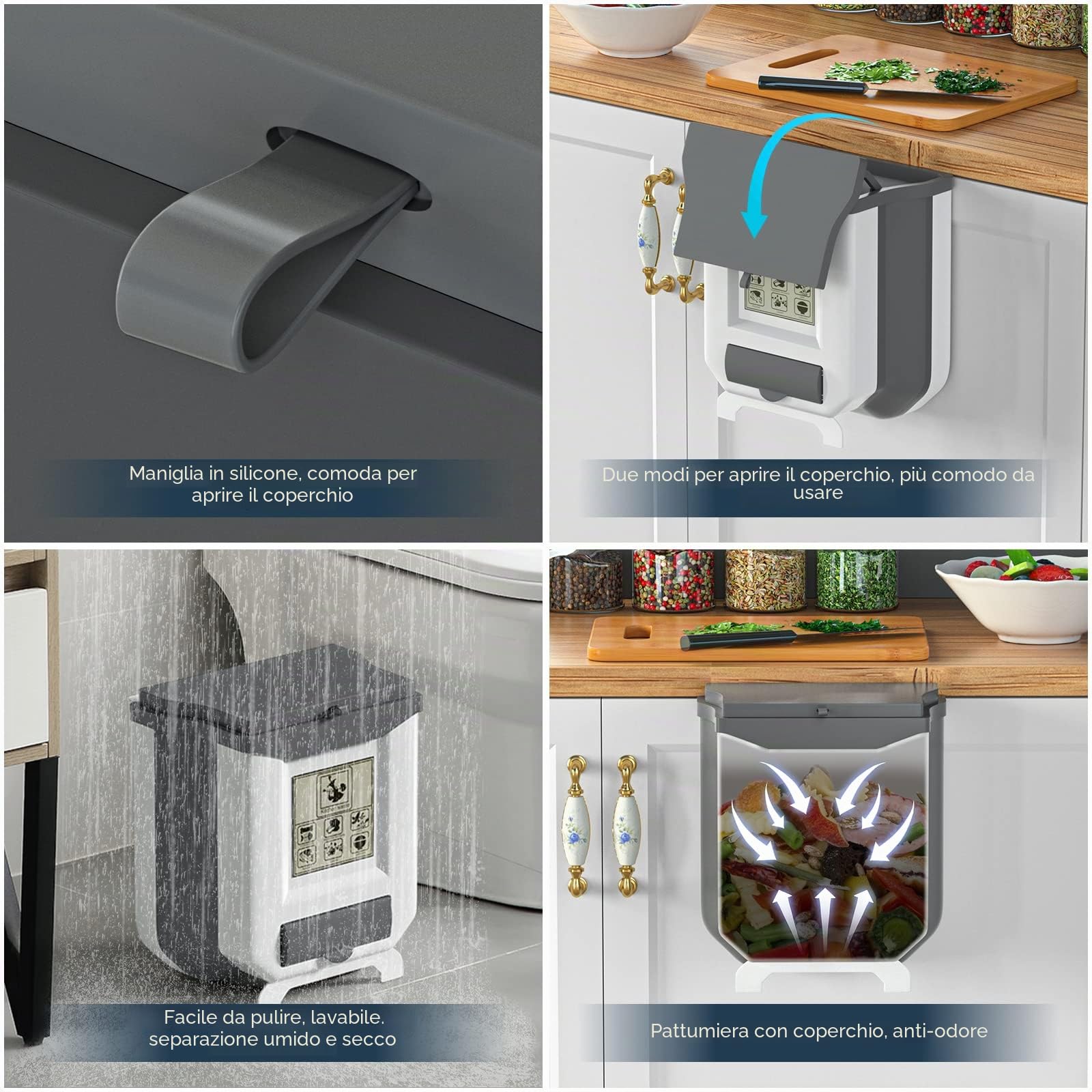 Gintan - Pattumiera pieghevole sospesa con coperchio, circa 9 l di capacità, per cucina, campeggio, auto, bagno, ufficio, camera da letto (grigio)
