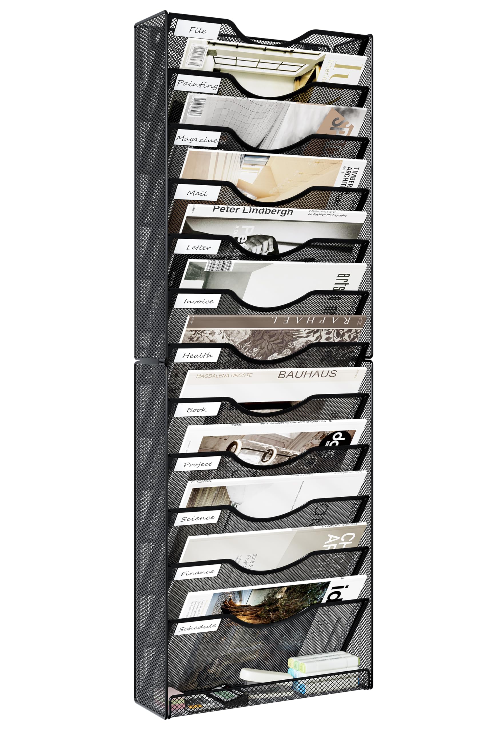 Superbpag Hanging Wall File Holder, 12 Pockets Desk Organizer Office Organization Storage Rack for Paper/Magazine/Bill/Letter/Document/Mail, Black