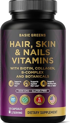 Vitaminas para el cabello, la piel y las uñas con biotina, 10000 mcg, colágeno, complejo B y botánicos – Apoya un cabello sano, piel brillante