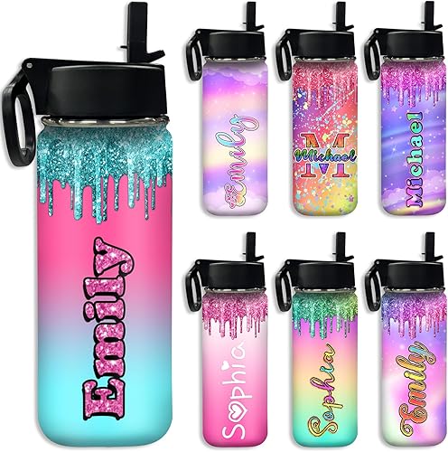 MyPupSocks Botella de agua aislada con purpurina personalizada con nombre personalizado para niños, botella de agua de regalo personalizada para
