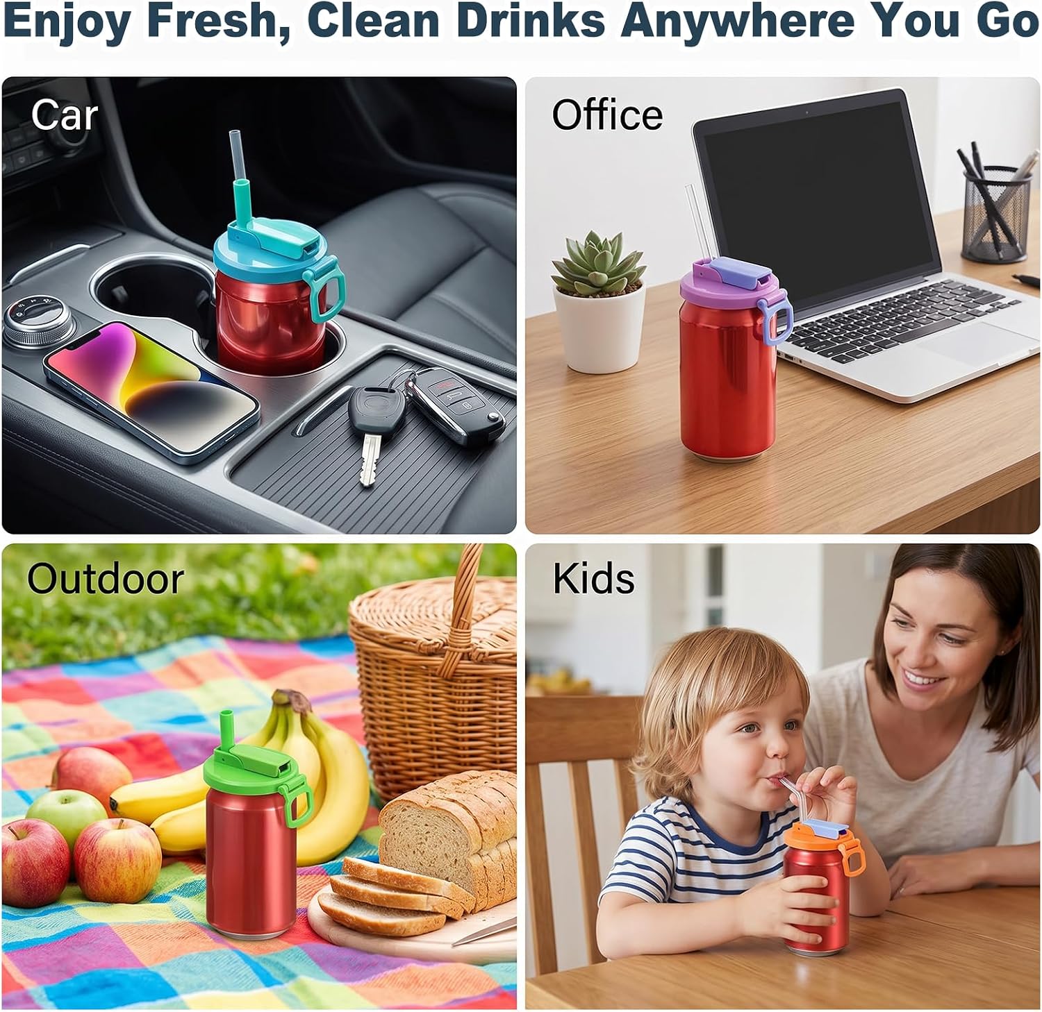 4 Pack Soda Can Lids with Straw, Reusable Soda Can Covers