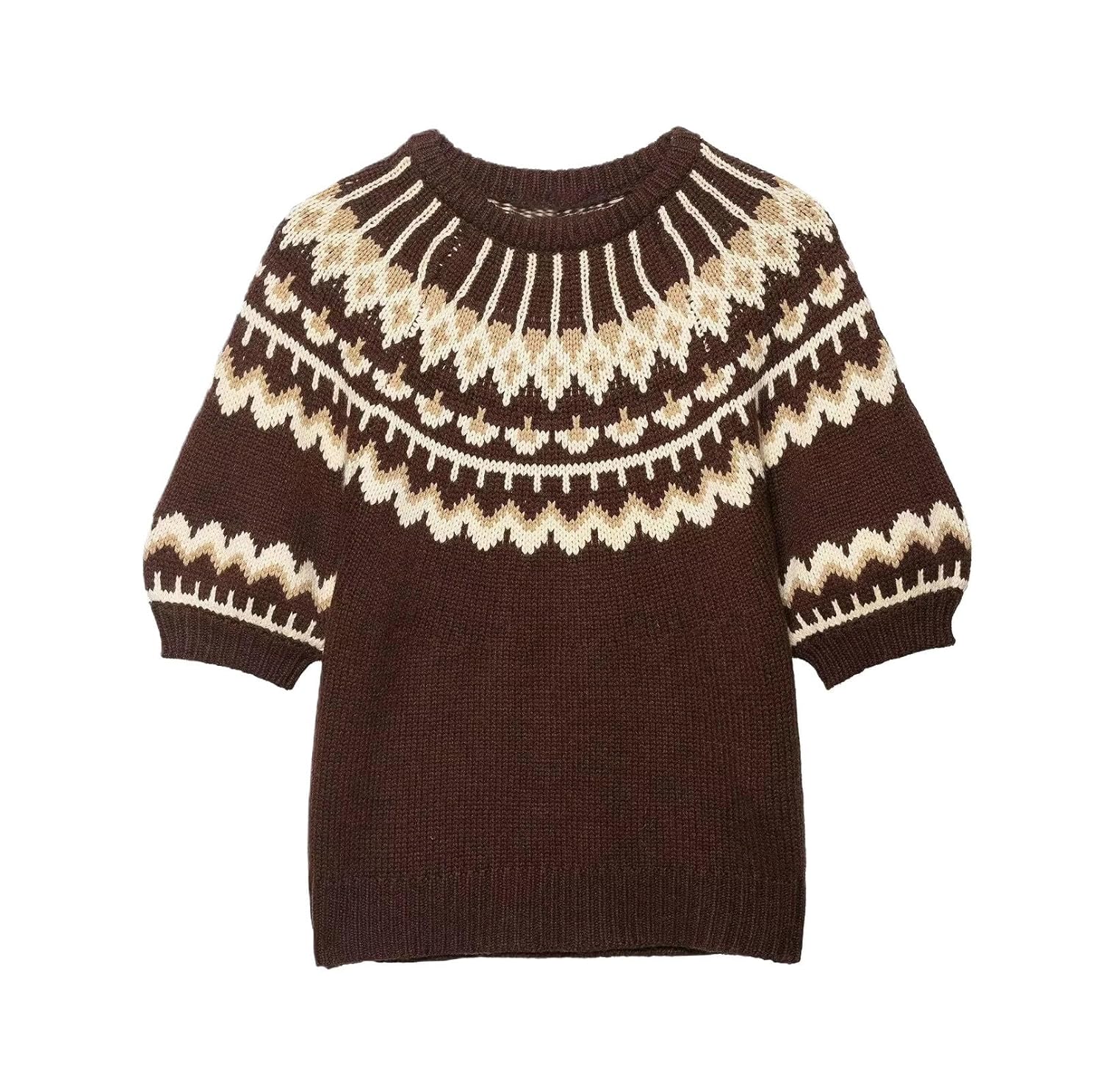 Womens Autumn Jacquard Knit Sweater Round Neck Short Sleeve Loose Fit Retro Style Pullover