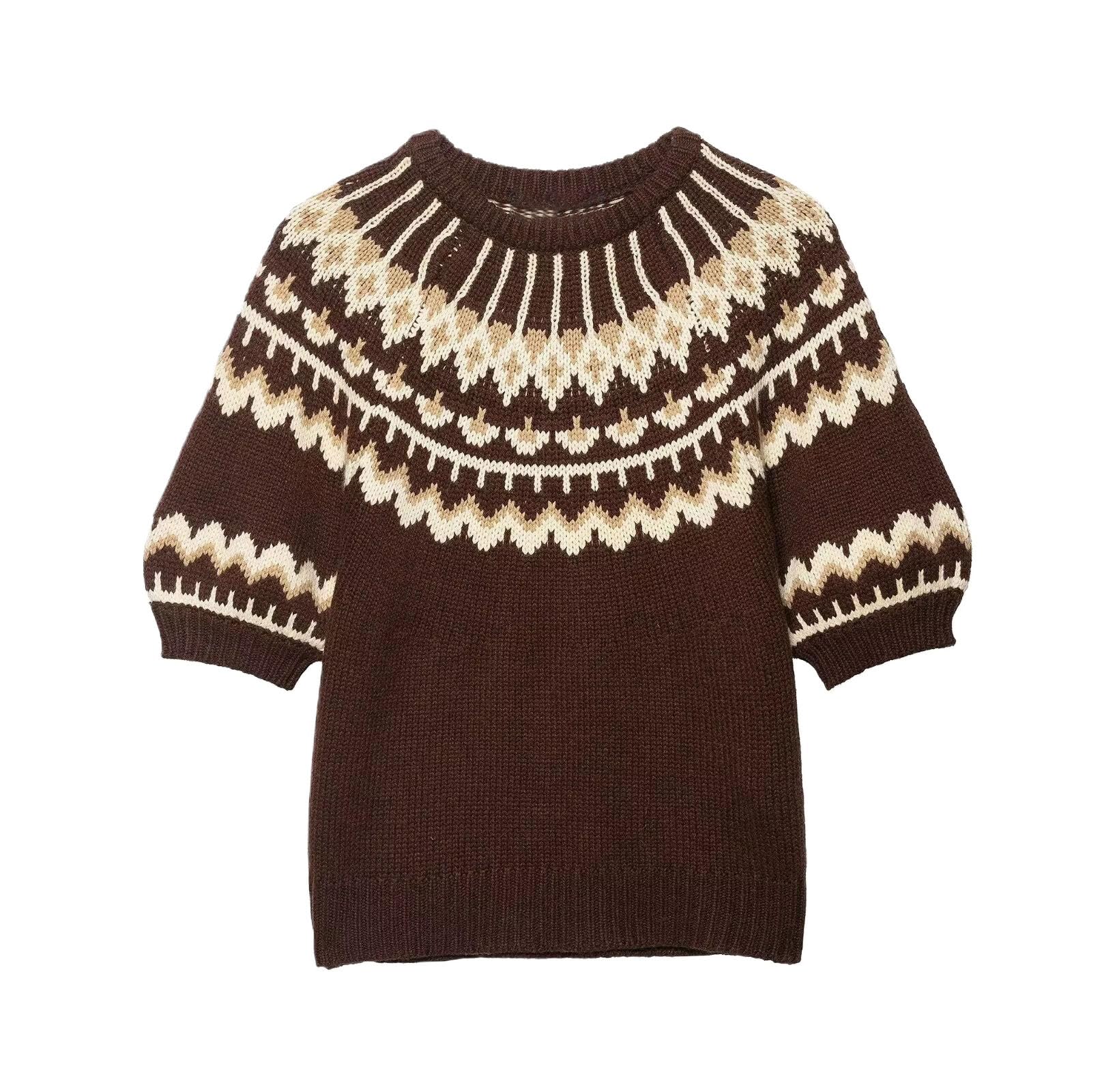 Womens Autumn Jacquard Knit Sweater Round Neck Short Sleeve Loose Fit Retro Style Pullover