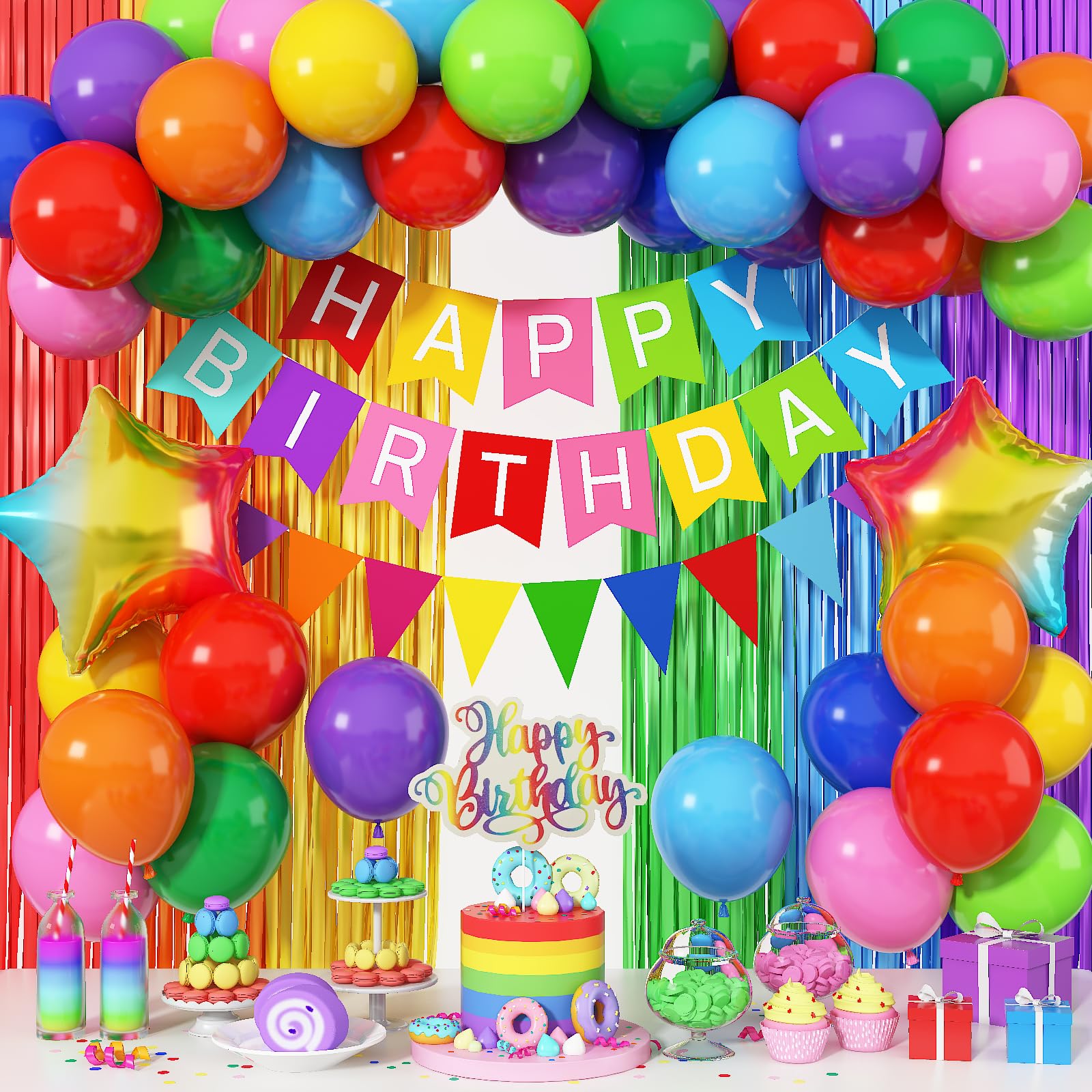 Jobkoo Rainbow Birthday Decorations for Kids, Colorful Party Decor Assorted Color Latex Foil Balloons Fringe Backdrop Happy Birthday Banner Cake