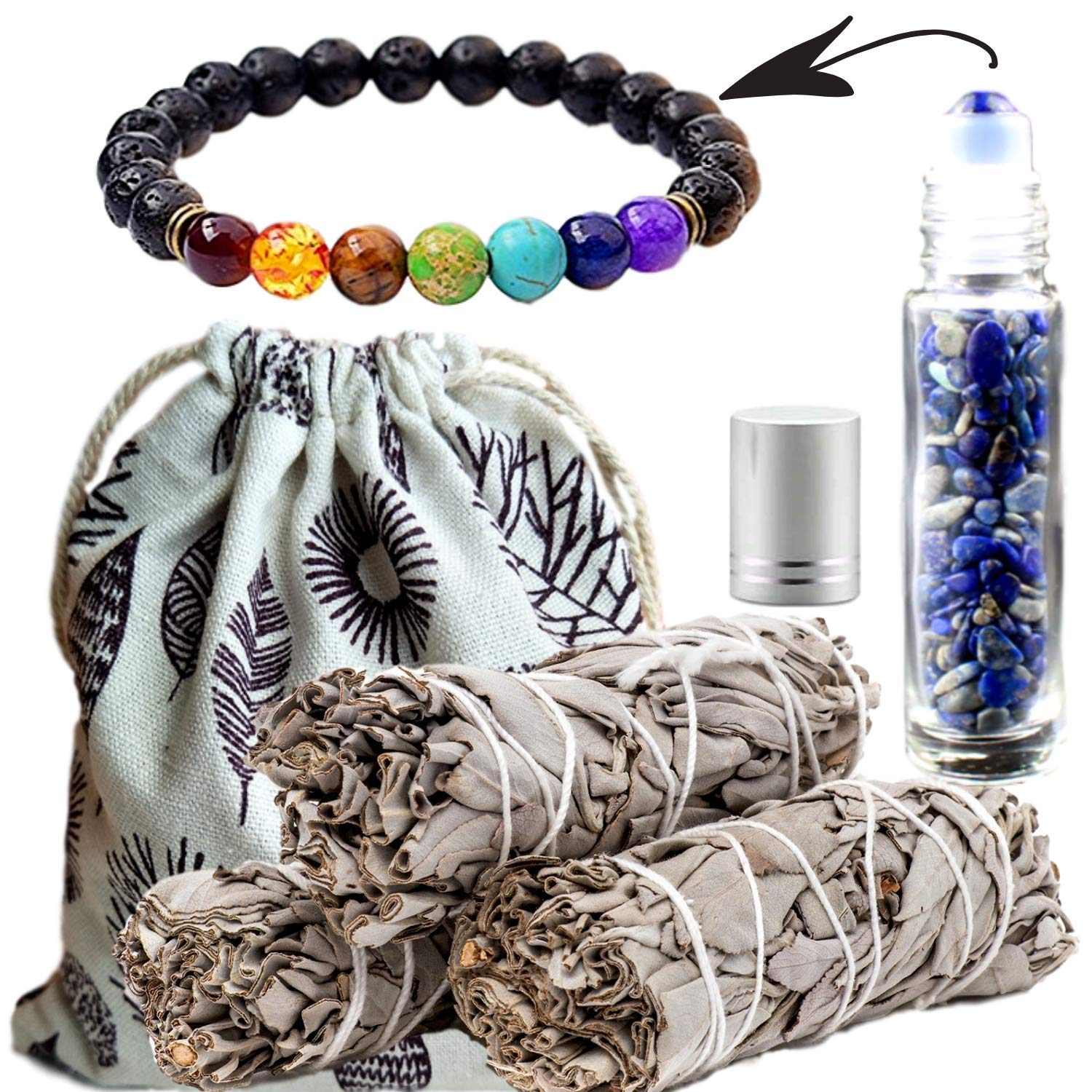 White Sage Incense Smudge Sticks 6 Choices, 3 Pack & Chakra Kit, Healing Stones 7 Chakra Diffuser Bracelet (Unisex), Crystals Oil Roller Gemstone Bottle for Essential Oil,Gift Set (Lapis Lazuli)