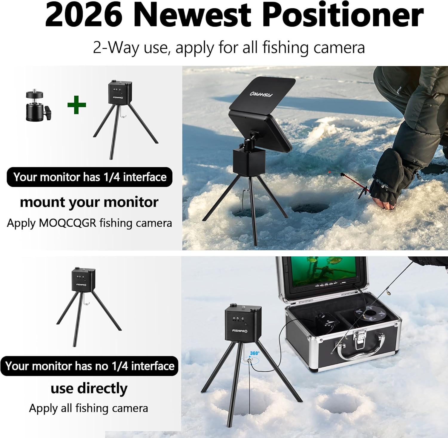 FishPRO Positioner for Underwater Fishing Camera - [Full-Aluminum] Tripod for Ice Fishing Camera Underwater, with 1/4" Tilt Mount, Remote & Manual Control, 2-Way 360° Rotating, Fit Ice Hole Max 11"