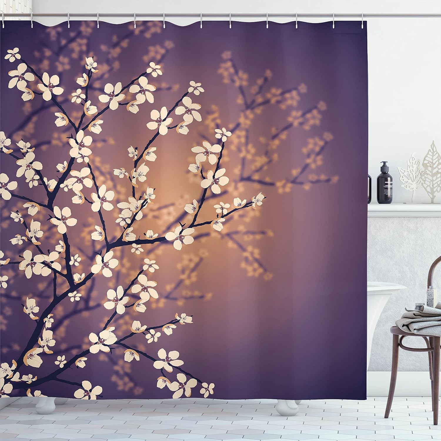Ambesonne Japanese Shower Curtain, Spring Season Sakura Bloom Design Romantic Cherry Blossom on Blurry Branches, Cloth Fabric Bathroom Decor Set with Hooks, 69" W x 70" L, Peach and Quartz