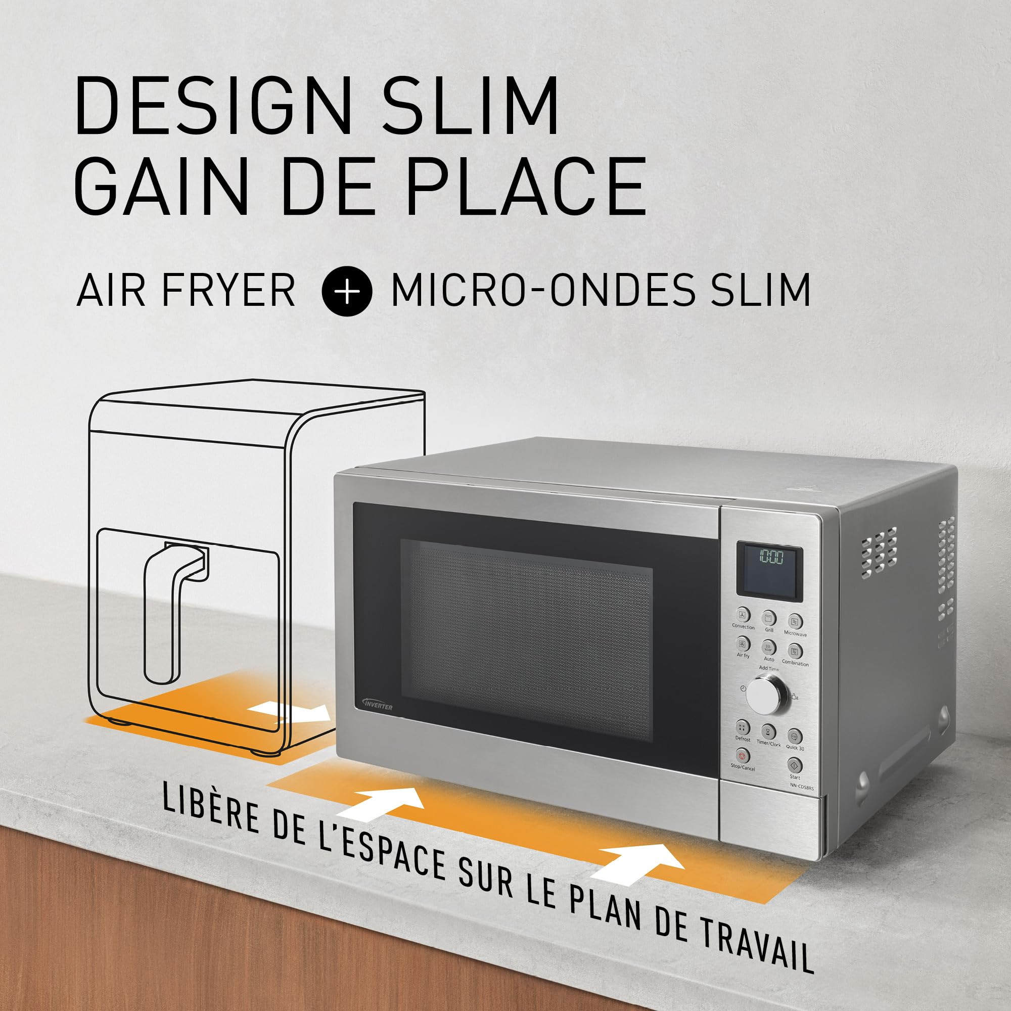 Panasonic NN-CD58RSEPG Four à Micro-Ondes combiné 4-en-1, 27 L avec mode Airfryer, Inverter 1000 W, Gril 1300 W, Chaleur Tournante, 19 Programmes Automatiques, Bouton rotatif, Acier Inoxydable