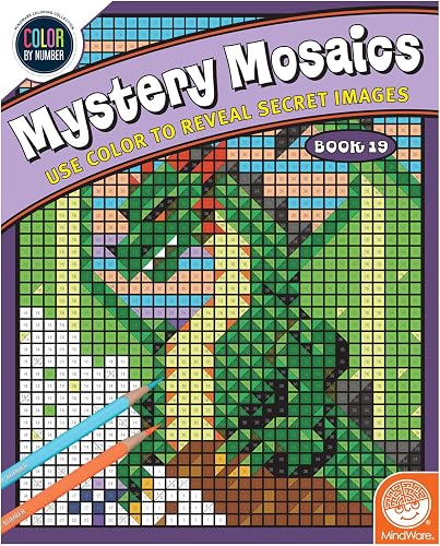 MindWare Color By Number Mystery Mosaics: Coloring Book 19 – Color by Number Book for Kids 6 and Up with 18 Perforated Pages of 18 Captivating Images Disguised as Numbered Squares
