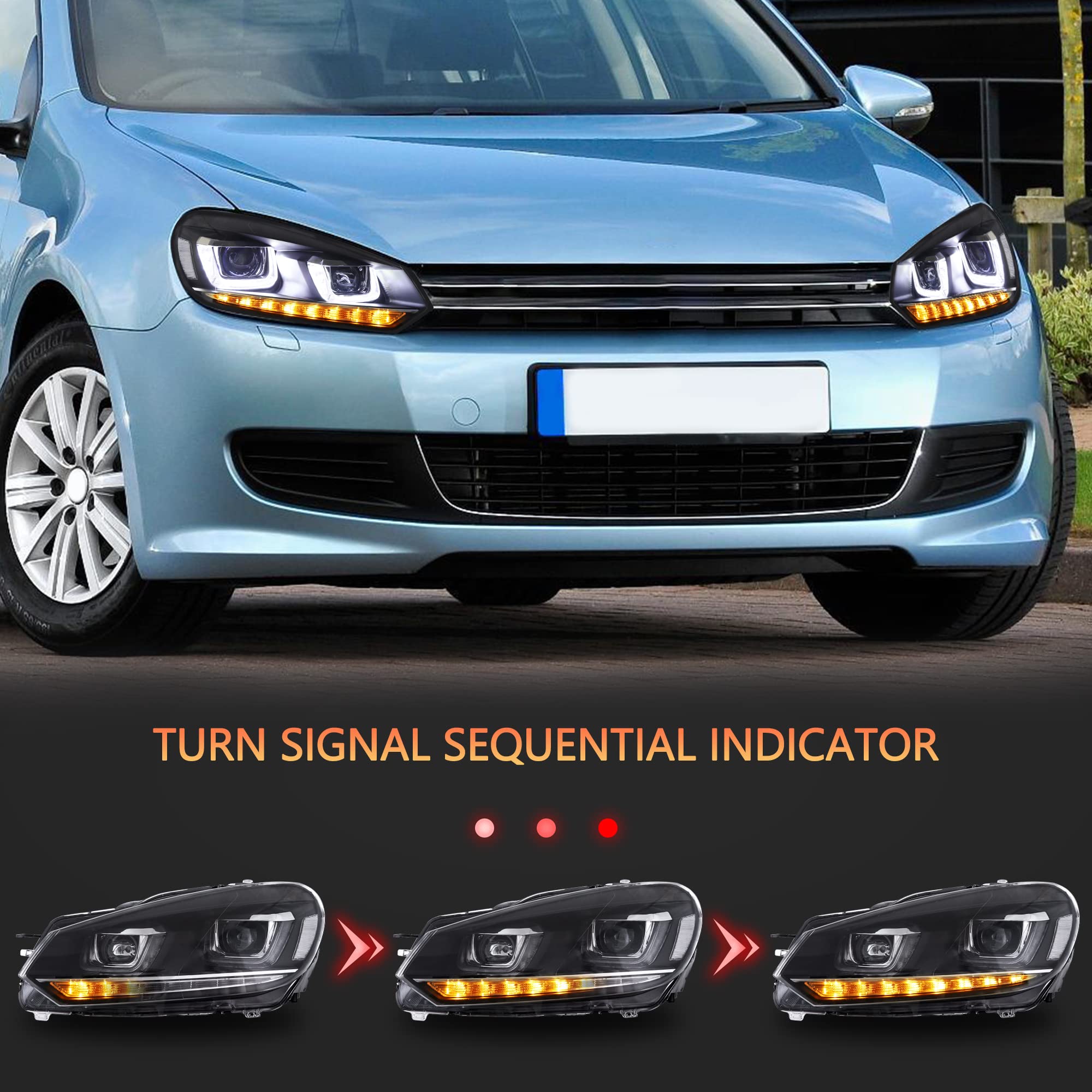 VLAND Reflektory do golfa 6 MK6 TSI 2008-2013 [nie pasuje do GTI/R/TDI] zestaw świateł przednich, ze wskaźnikiem sekwencji (1 zestaw)